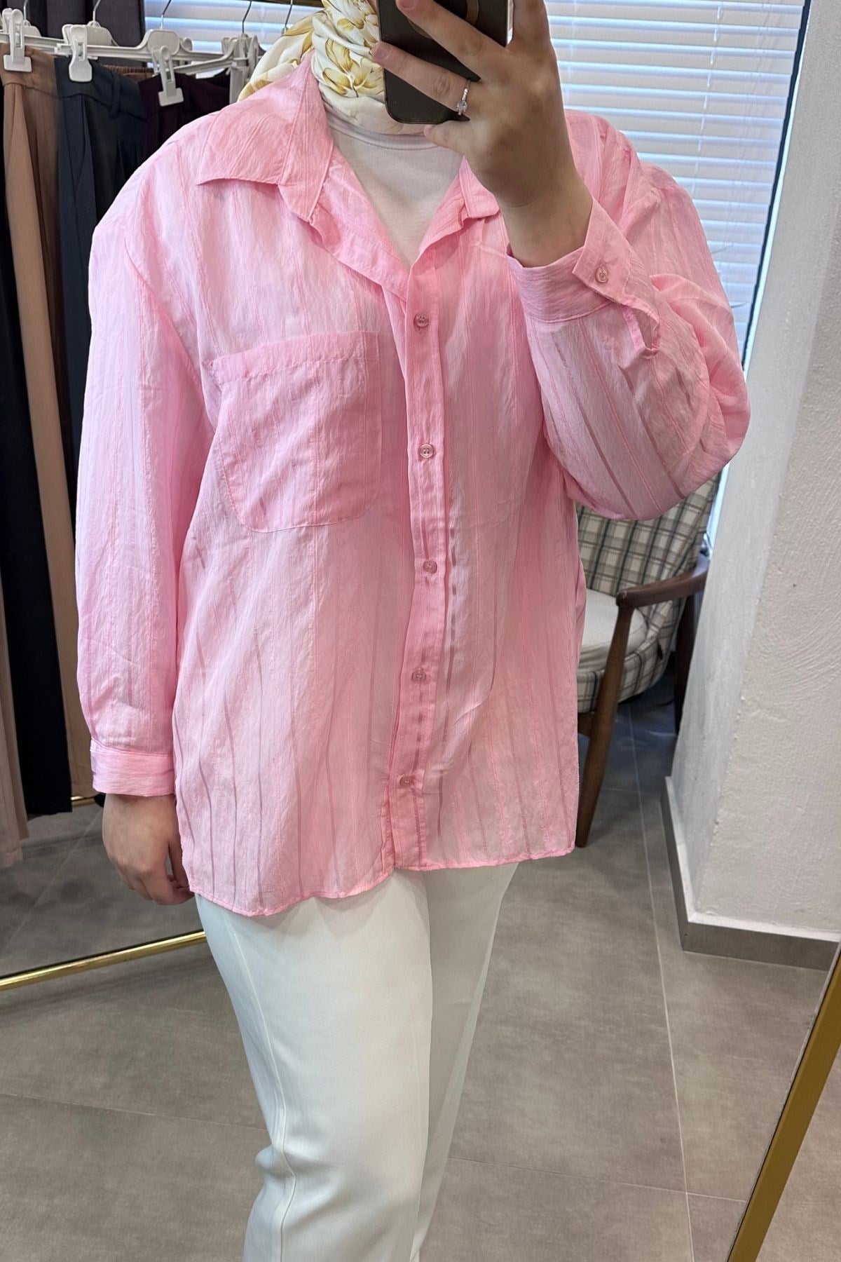 Kadın yazlık çizgili gömlek-pembe