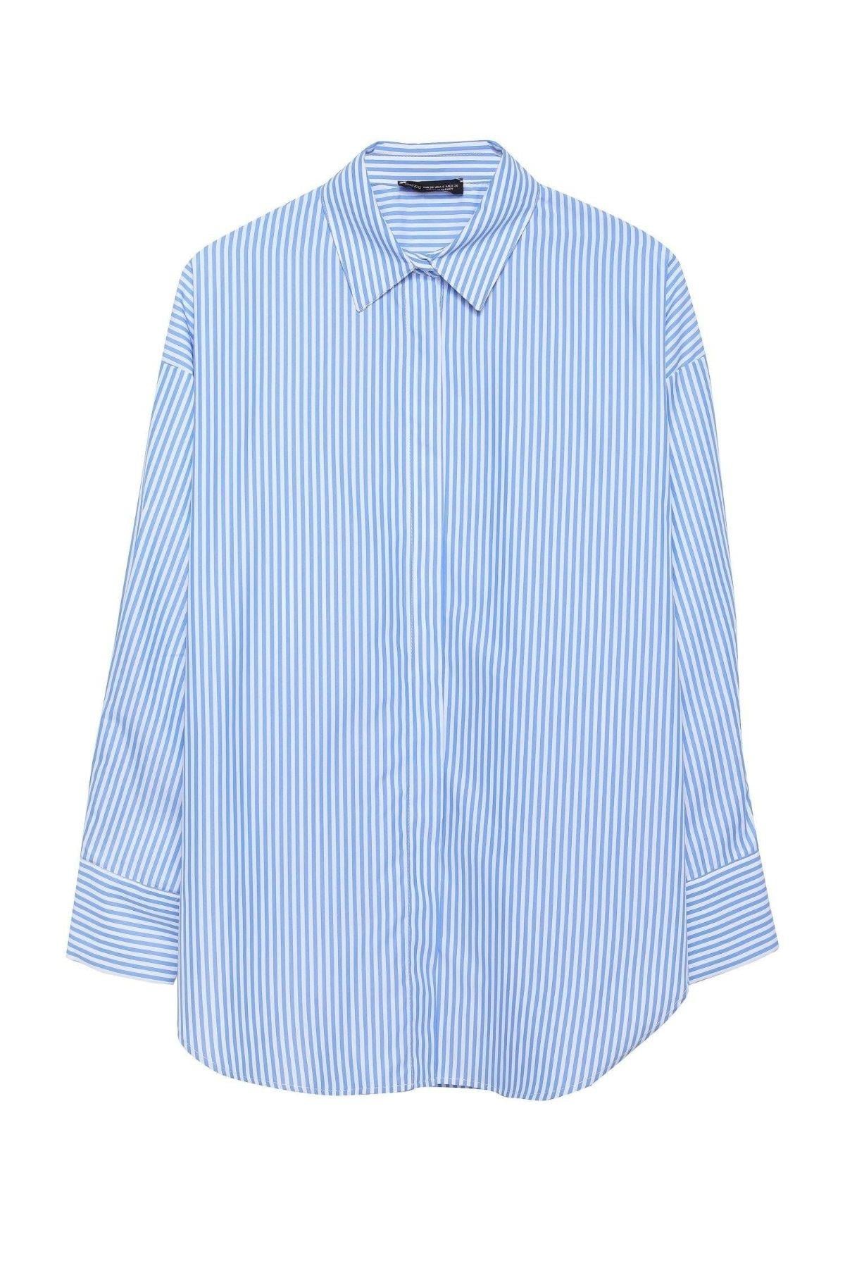 Kalın Cizgili Gömlek Oversize  -  Mavi