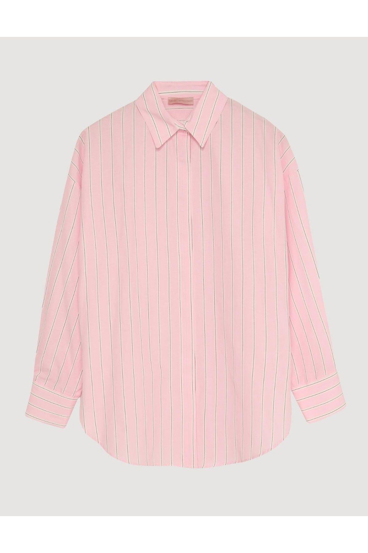 Kalın Cizgili Gömlek Oversize  -  Pembe