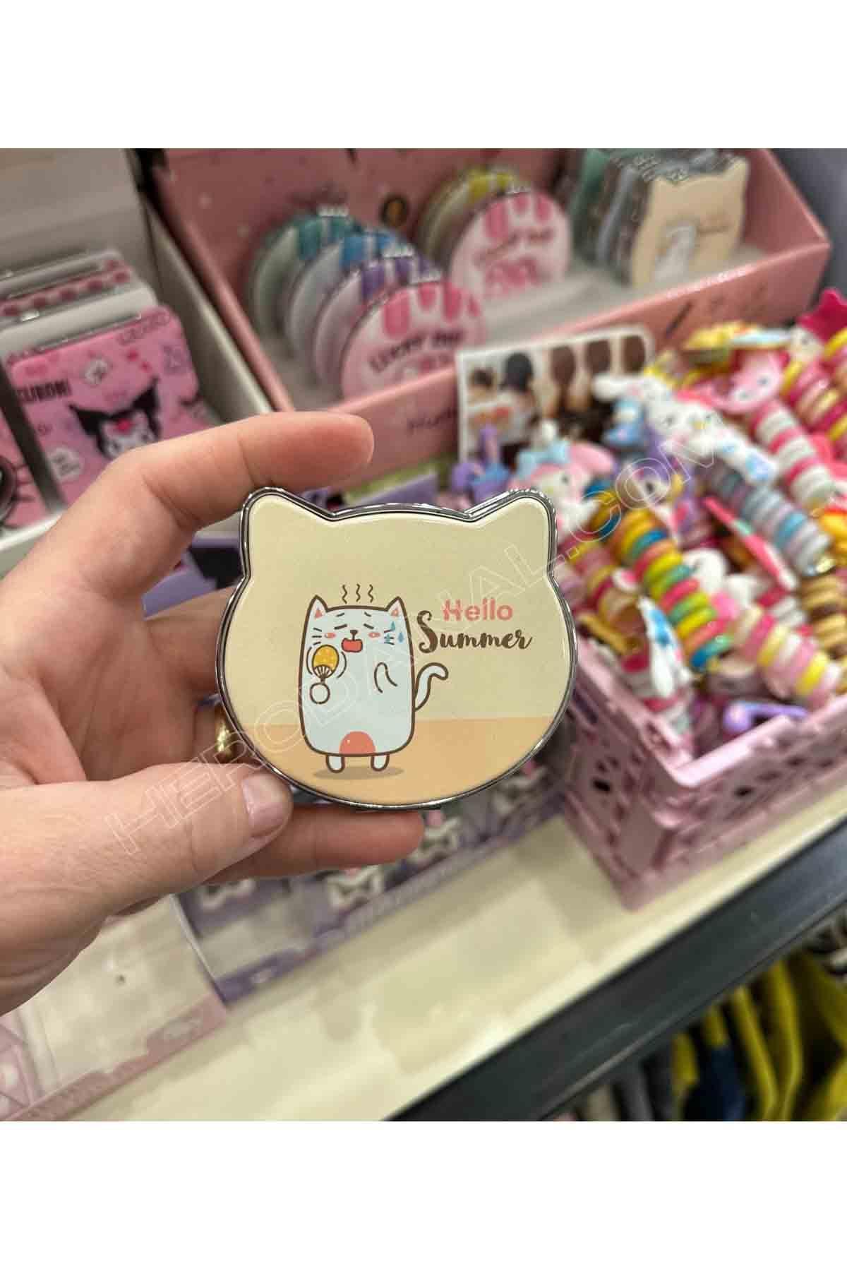 Kedi Kulak Hello Summer Yazılı Cep Aynası - Krem