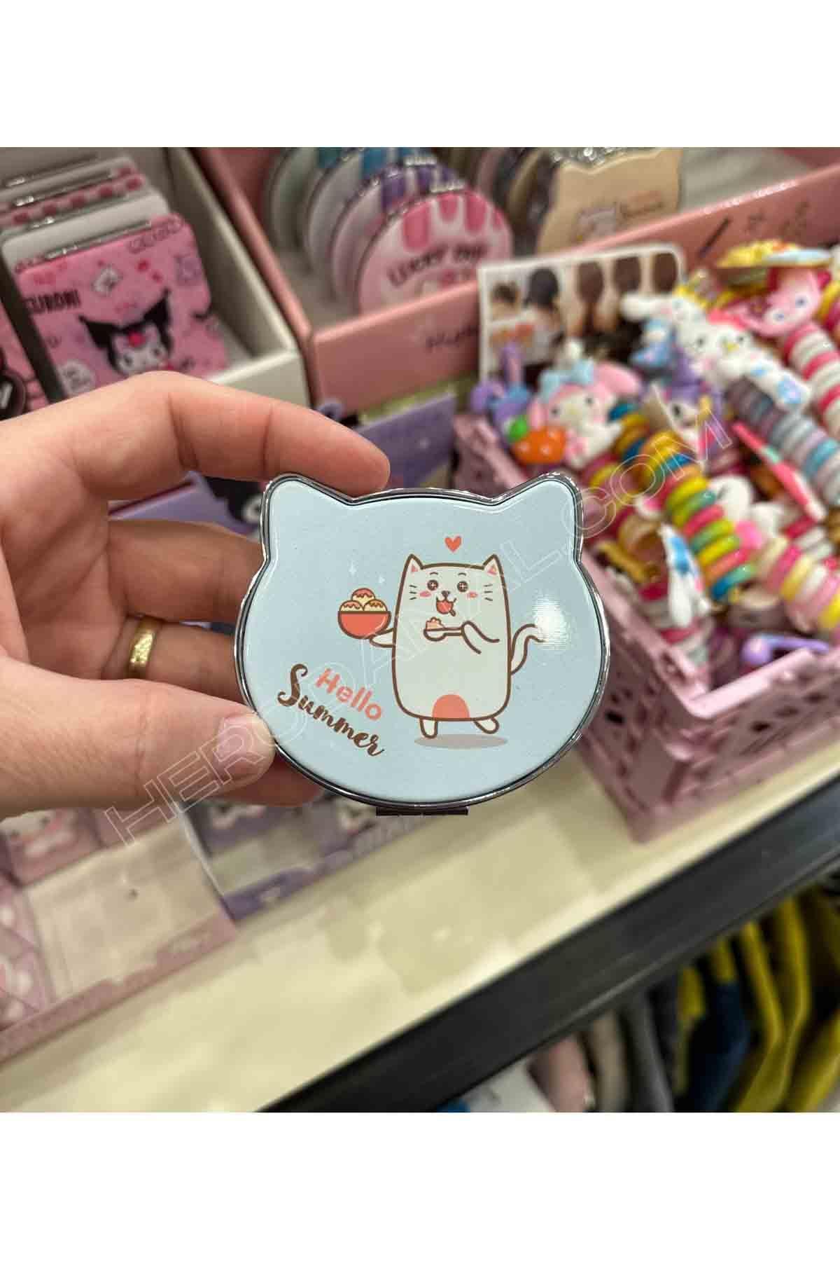 Kedi Kulak Hello Summer Yazılı Cep Aynası - Mavi