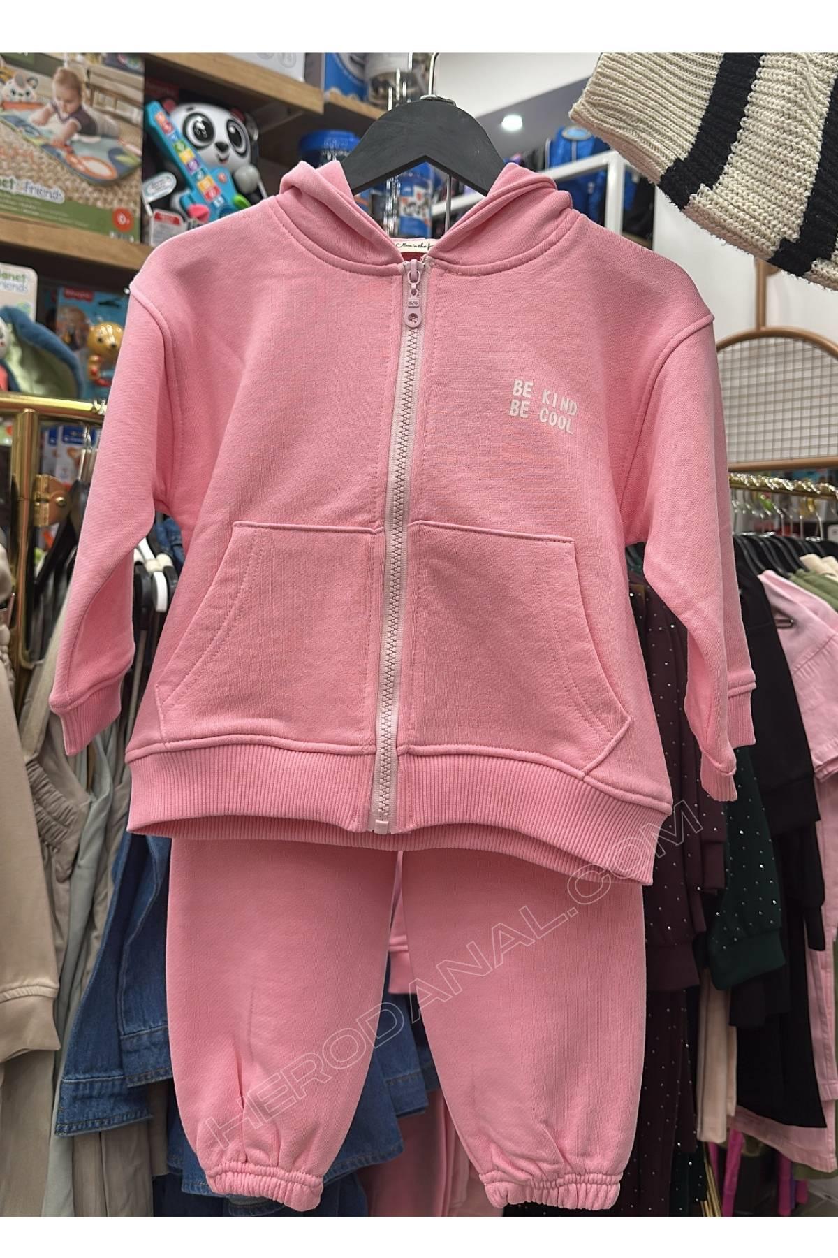 Kız Çocuk Fermuarlı Kaponlu Eşofman Takım - Pembe