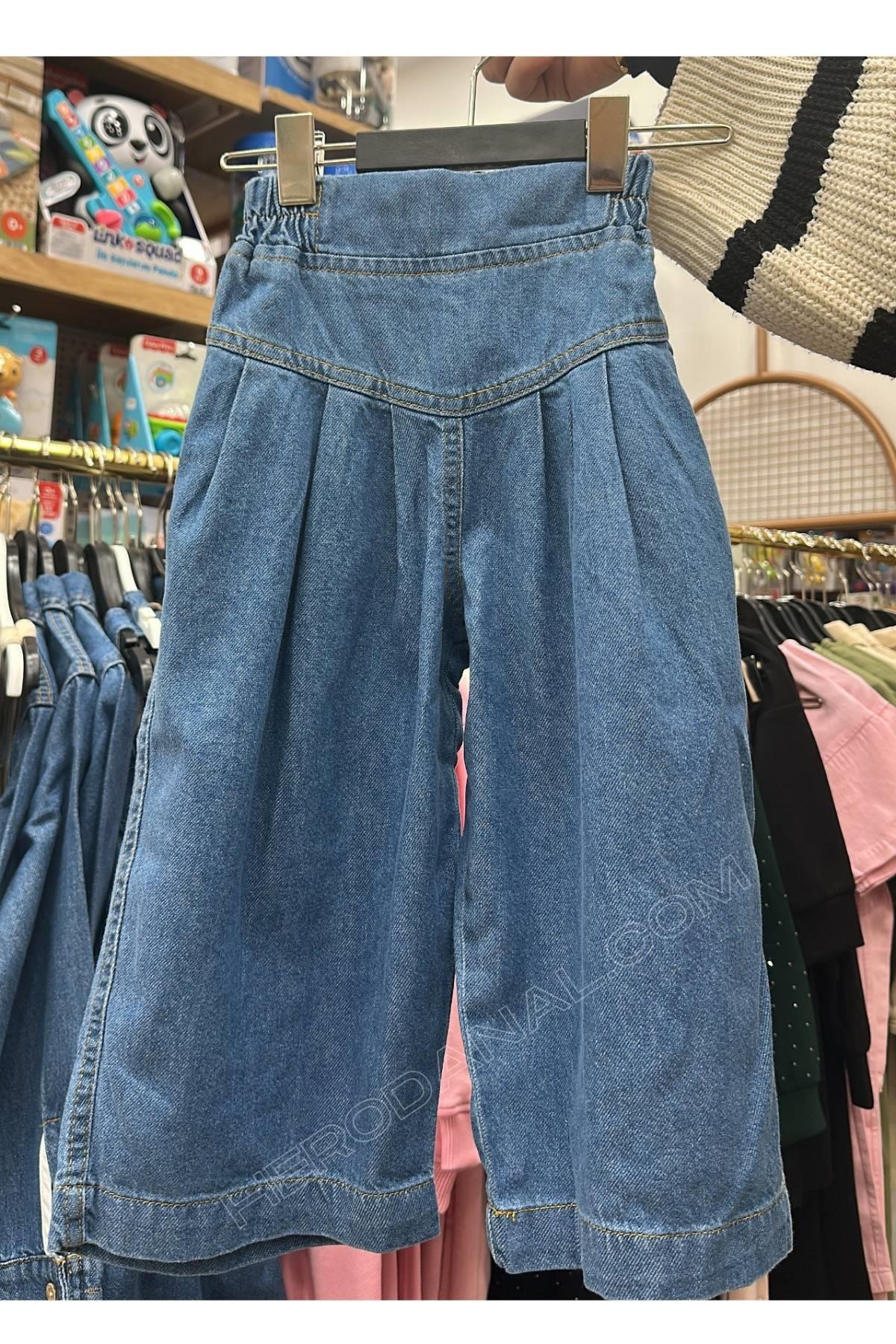 Kız Çocuk Pileli Kot Pantolon - Mavi