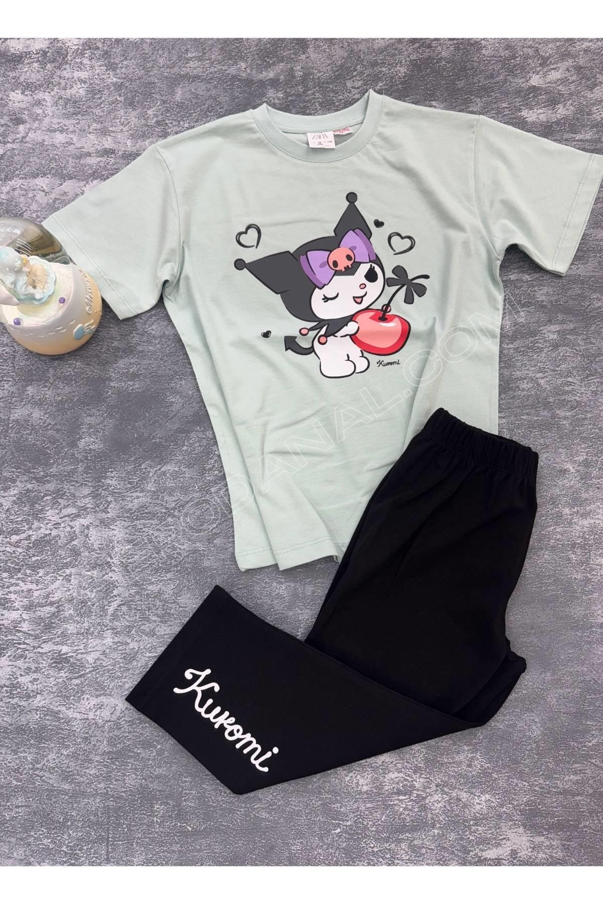 Kuromi Baskılı Kapri Tayt Takım - Mint