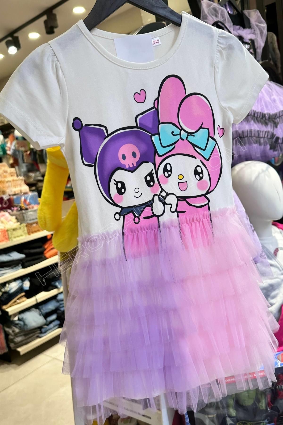 Kuromi & MyMelody Baskılı Tütülü Penye Elbise - Ekru