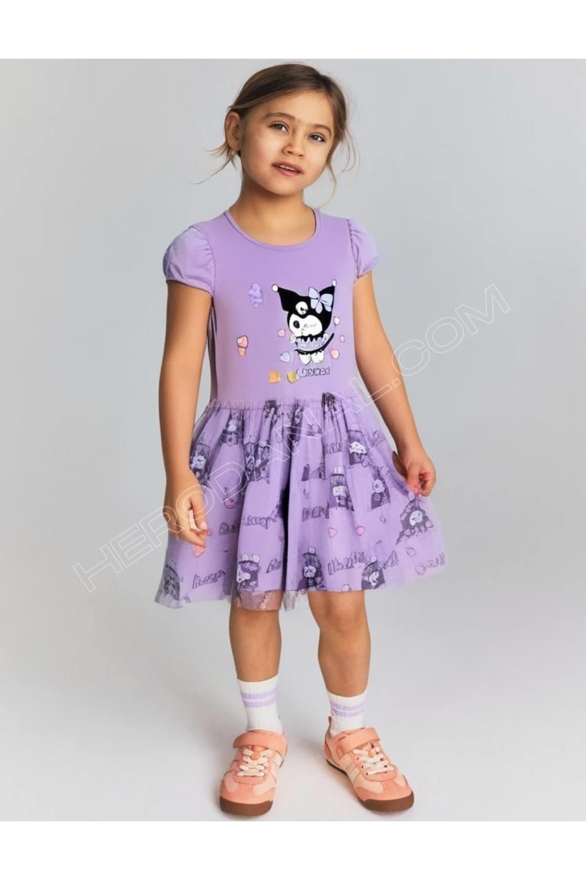 Kuromi Tütülü Penye Baskılı Elbise - Mor