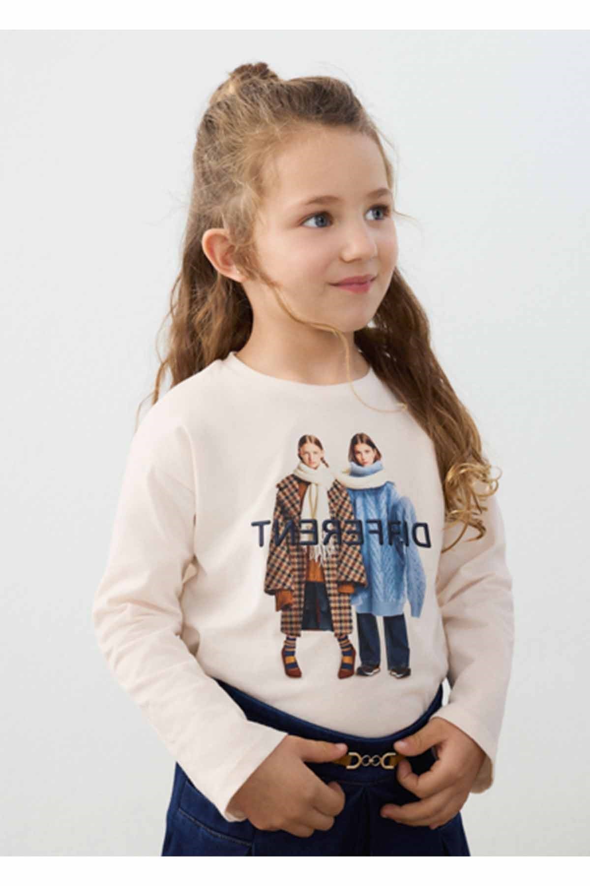 Mayoral Kış Sezon Kız Çocuk Uzun Kol Baskılı Tshirt - Krem