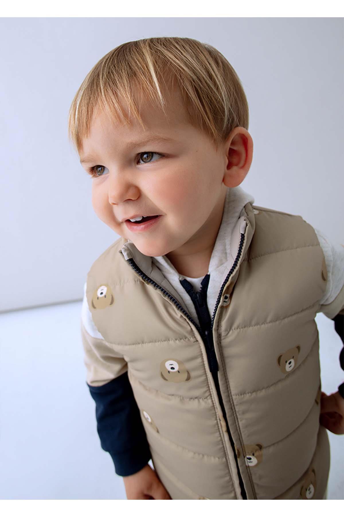 Mayoral Kışlık Erkek Bebek Ayıcık Baskılı Çift Yüzlü Yelek - Bej ve Lacivert