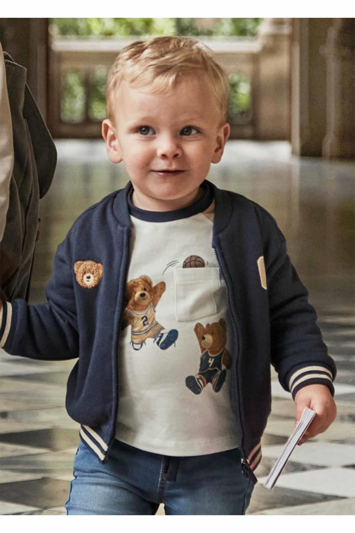 Mayoral Kışlık Erkek Bebek Ayıcık Baskılı Cepli Uzun Kol Tshırt - Krem