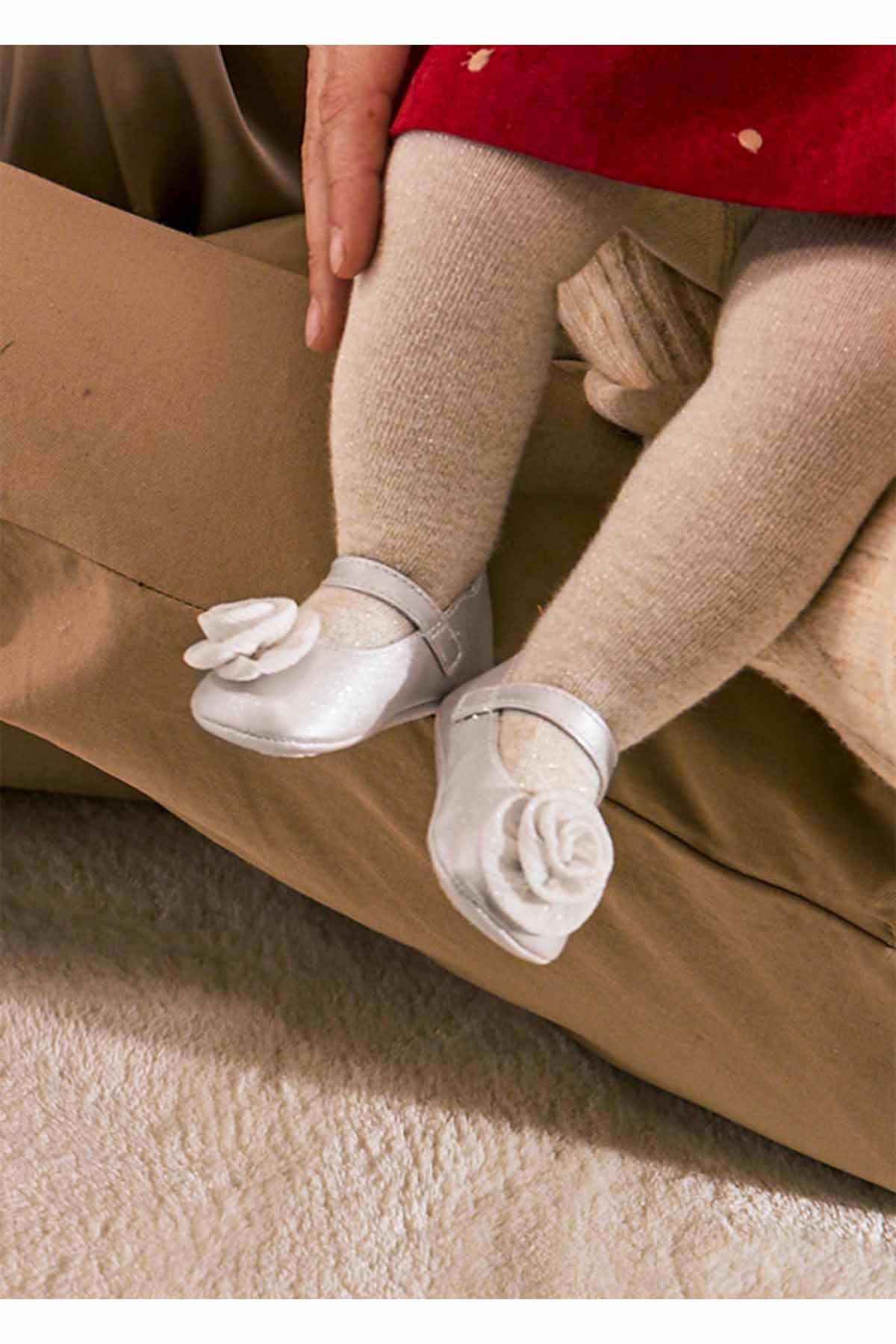 Mayoral Kışlık Kız Bebek Mary Jane - Çiçekli Ayakkabı Patik - Beyaz