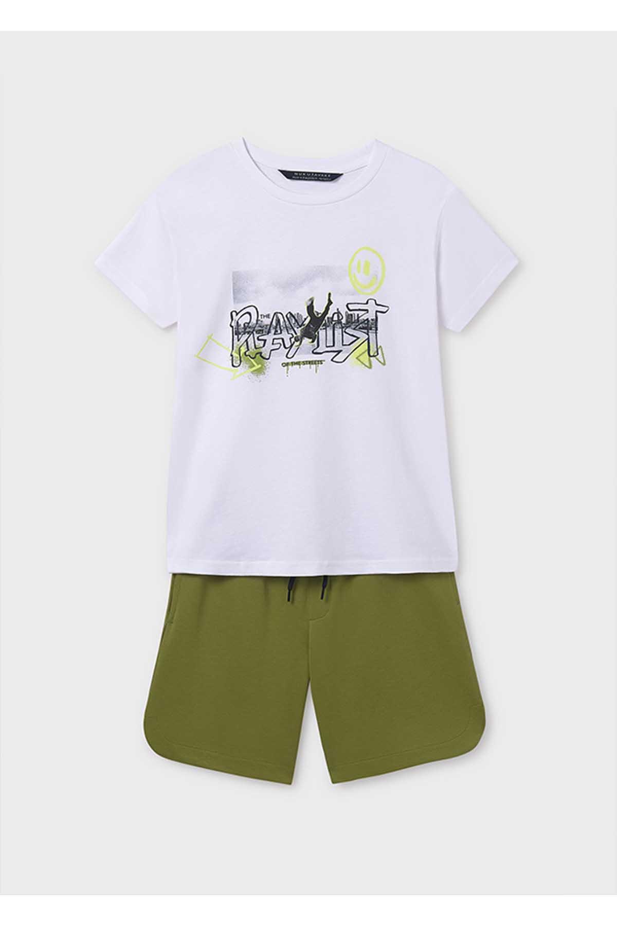 Mayoral Yazlık Erkek Çocuk Yeşil Yemalı Baskılı T-Shirt Şort 2'li Takım - Beyaz