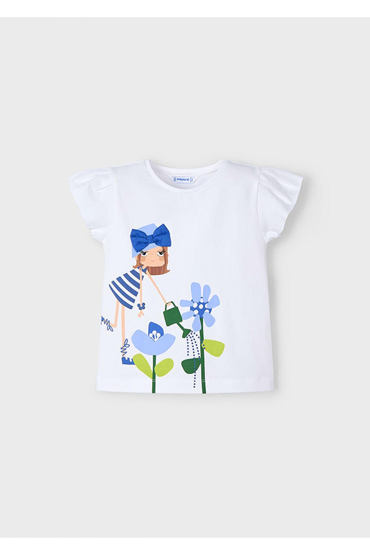 Mayoral Yazlık Kız Çocuk Mavi Tema Baskılı T-Shirt - Beyaz