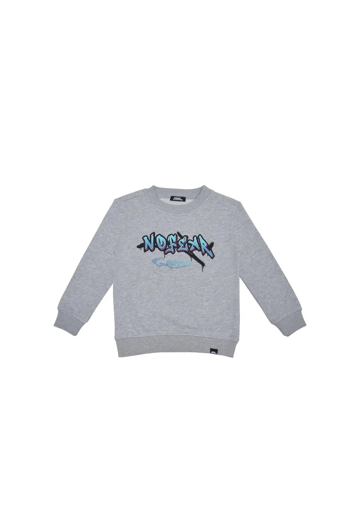 No Fear Erkek Çocuk Sweatshirt Sırtı KayKay Slogan Baskılı Gri