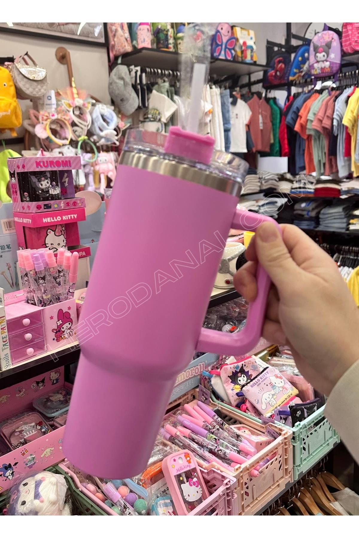Plastik Pipetli 1200ml Çelik Termus Bardak -  Pembe