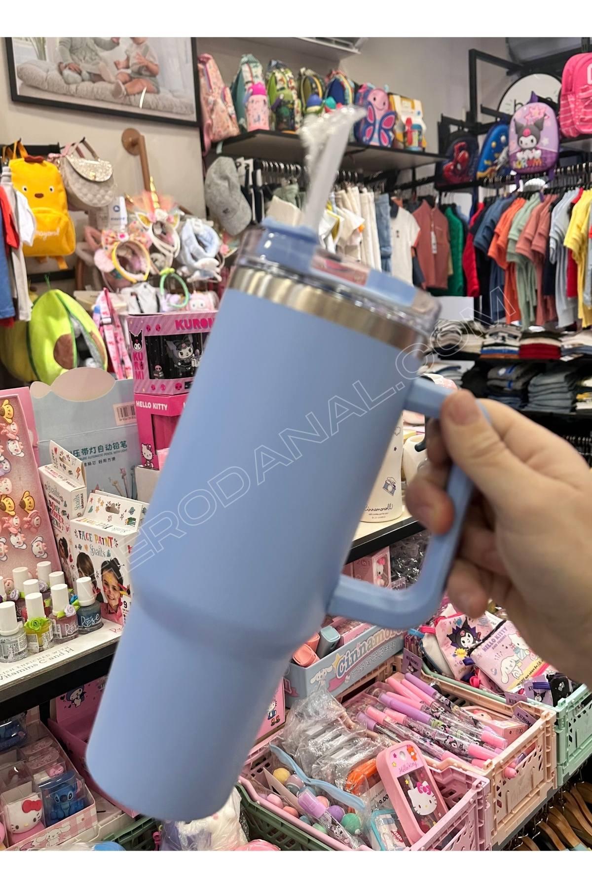 Plastik Pipetli 1200ml Çelik Termus Bardak - Açık Mavi