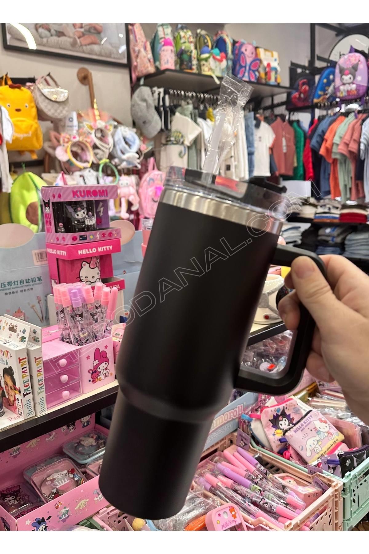 Plastik Pipetli 1200ml Çelik Termus Bardak - Siyah