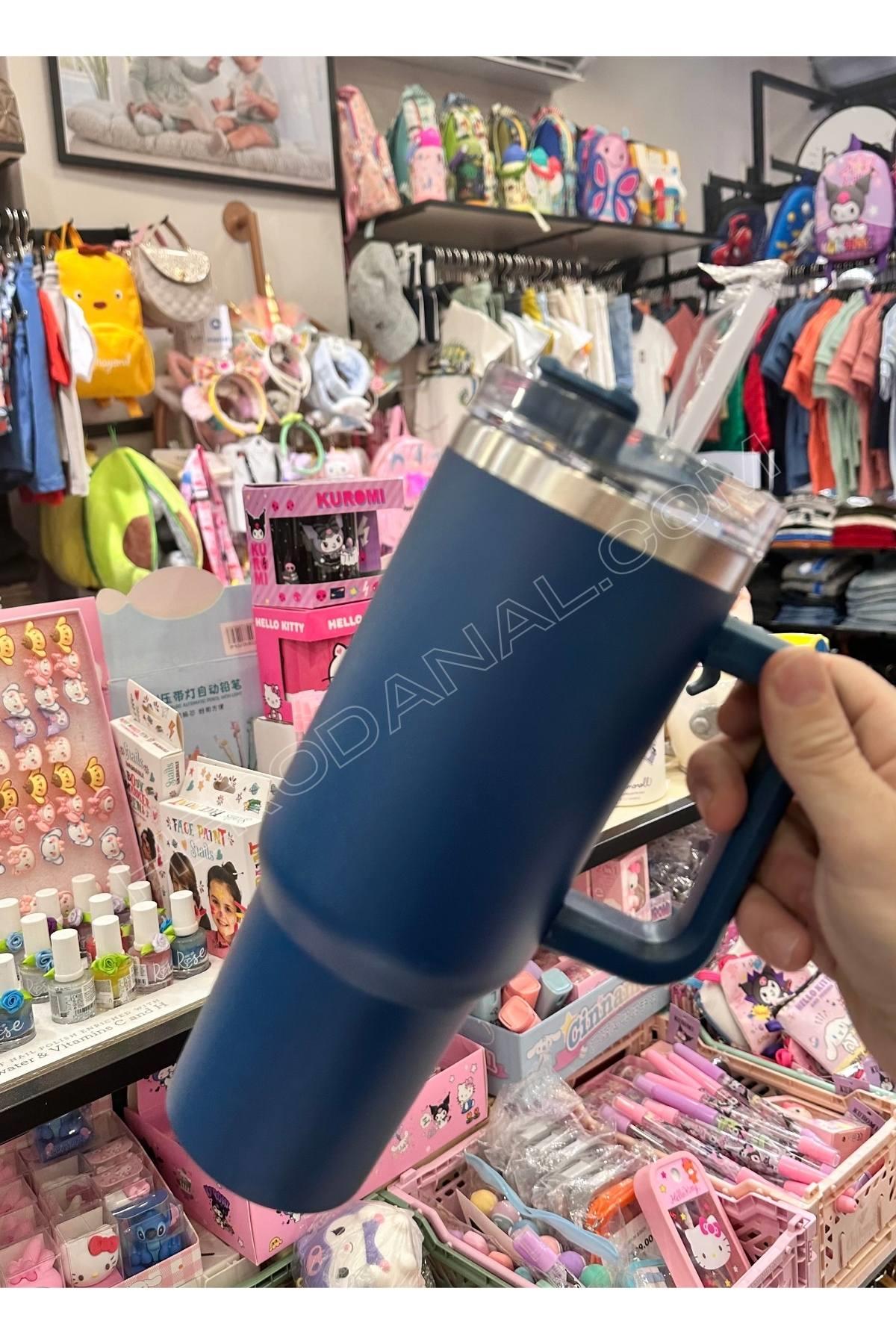 Plastik Pipetli 1200ml Çelik Termus Bardak - İndigo Mavi