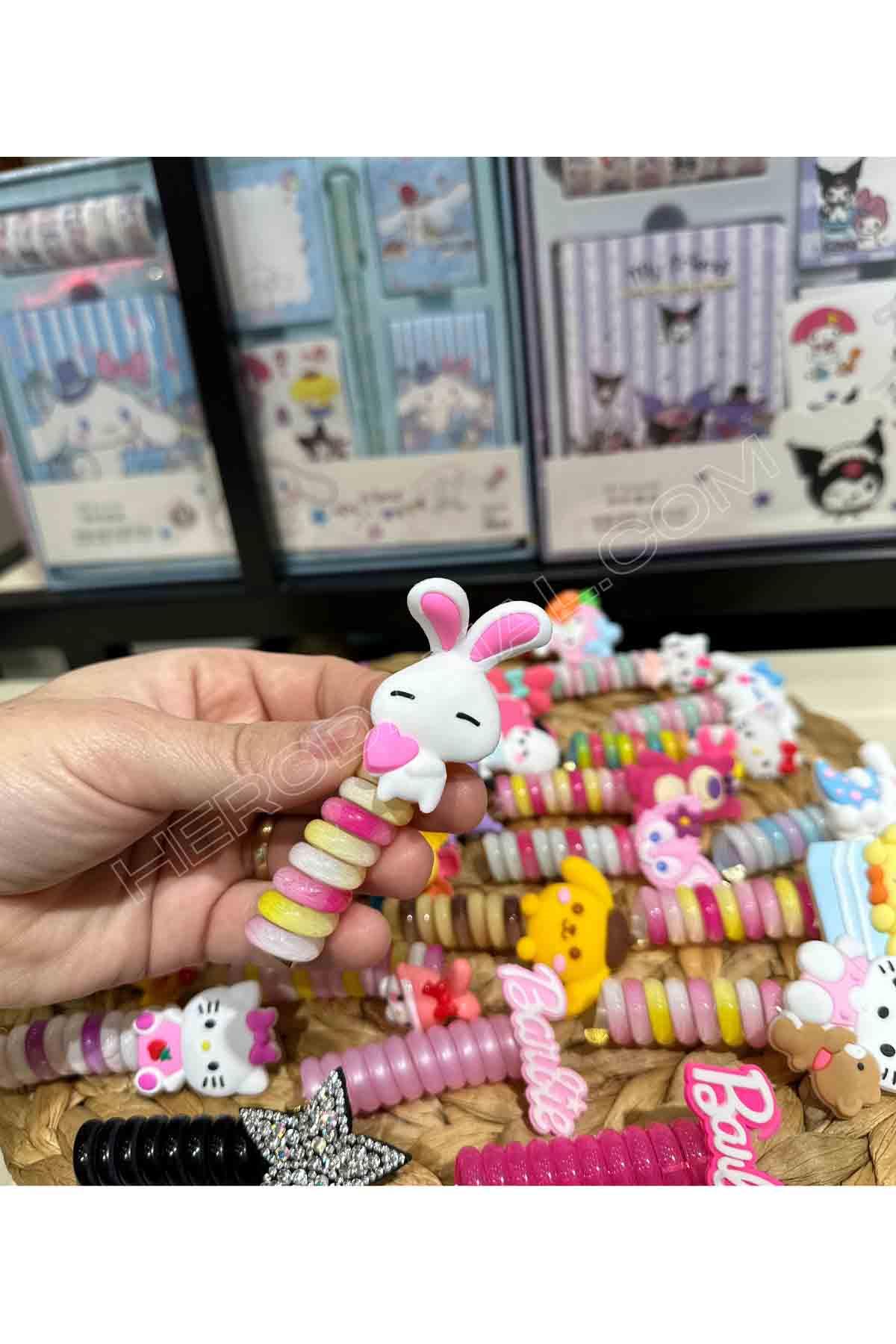 Sevimli Beyaz Tavşan Silikon Başlıklı Akordiyon & Burgu Toka