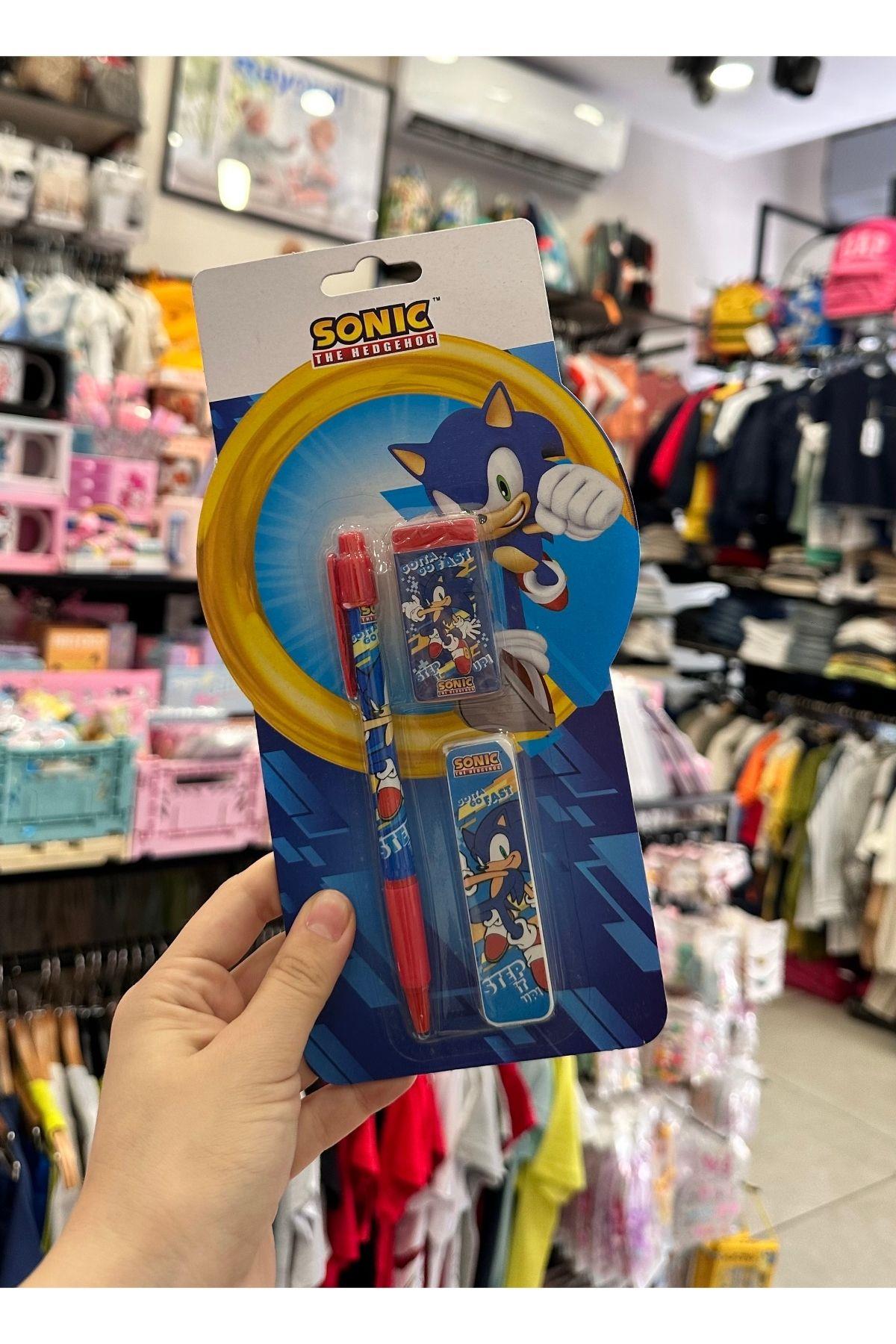 Sonic 3'lü Kırtasiye Seti - 0.7mm Uclu Kalem & Silgi & Uc - Lisanslı