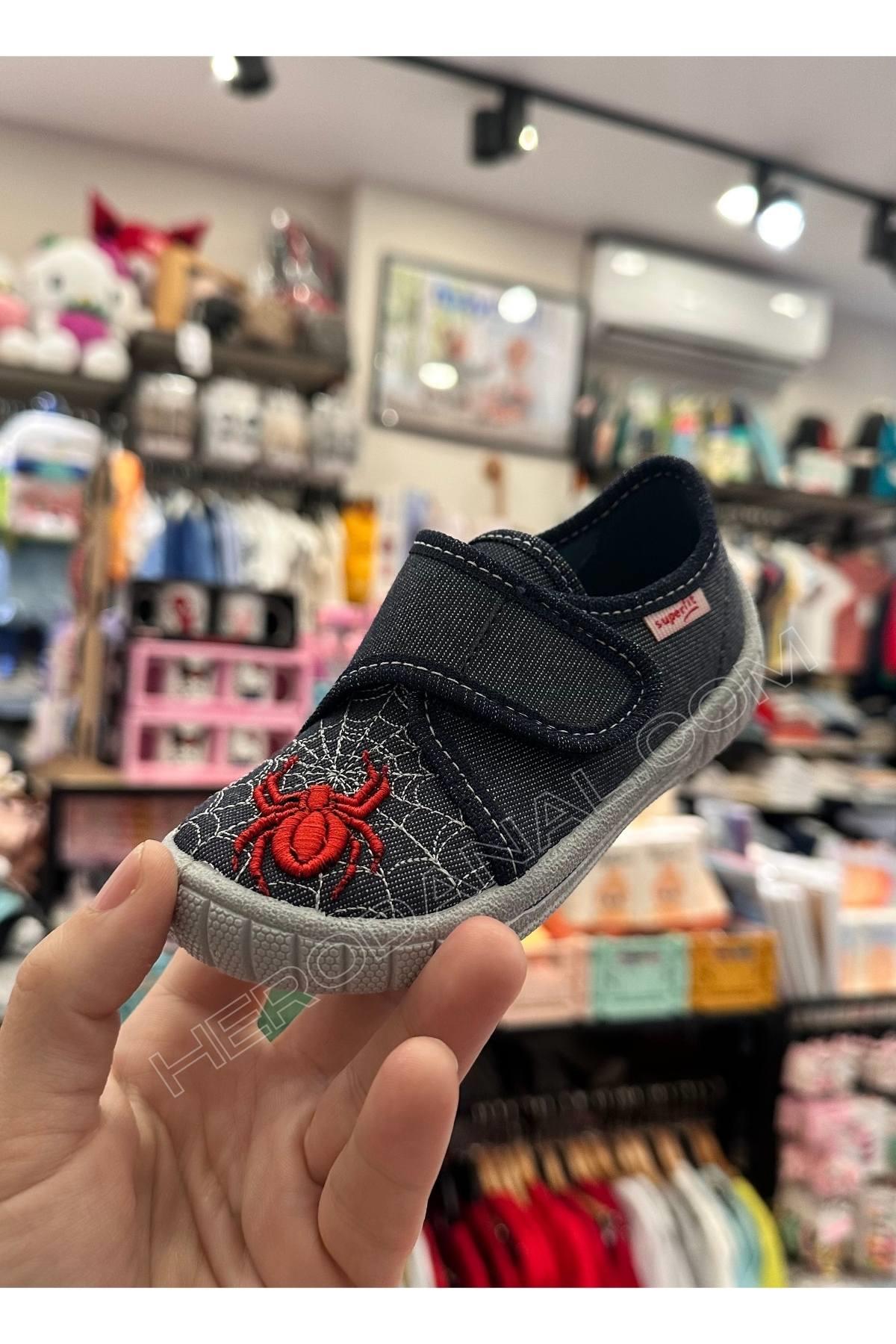 SuperFit Erkek Çocuk Ev Ayakkabısı - TÖrümcek İşlemeli - Lacivert ve Gri Taban