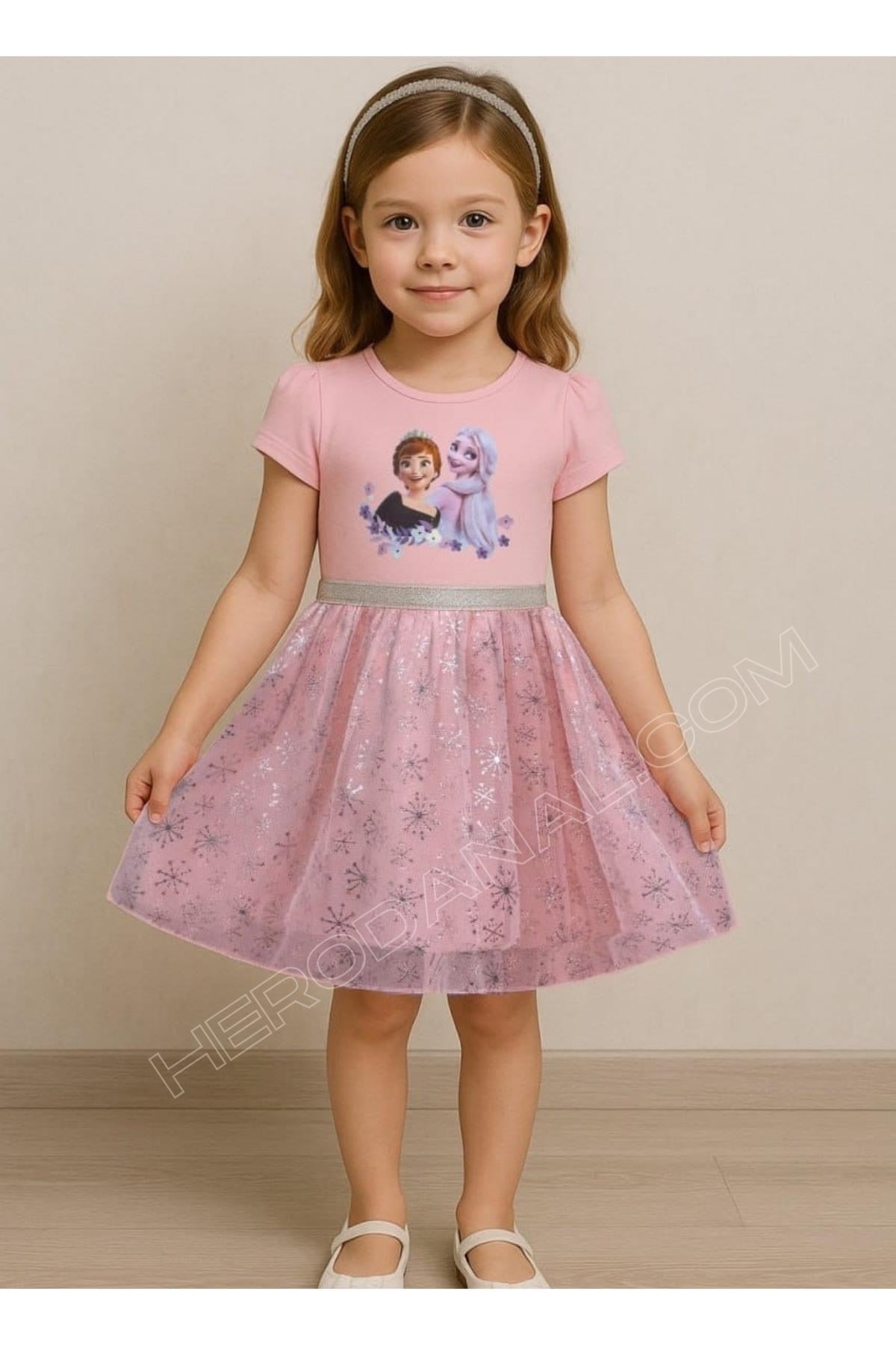Tütülü Penye Baskılı Elbise Elsa - Model 2 - Pembe