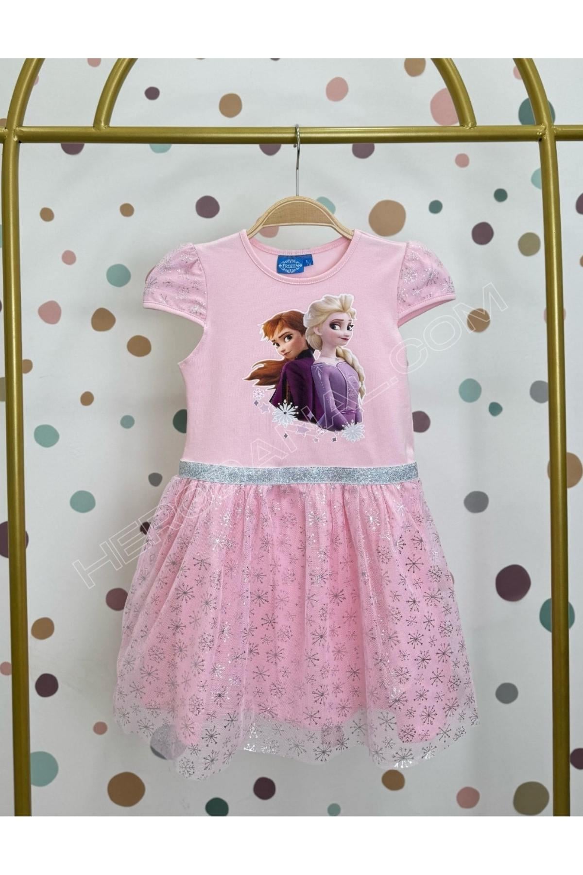 Tütülü Penye Baskılı Elbise Elsa - Pembe