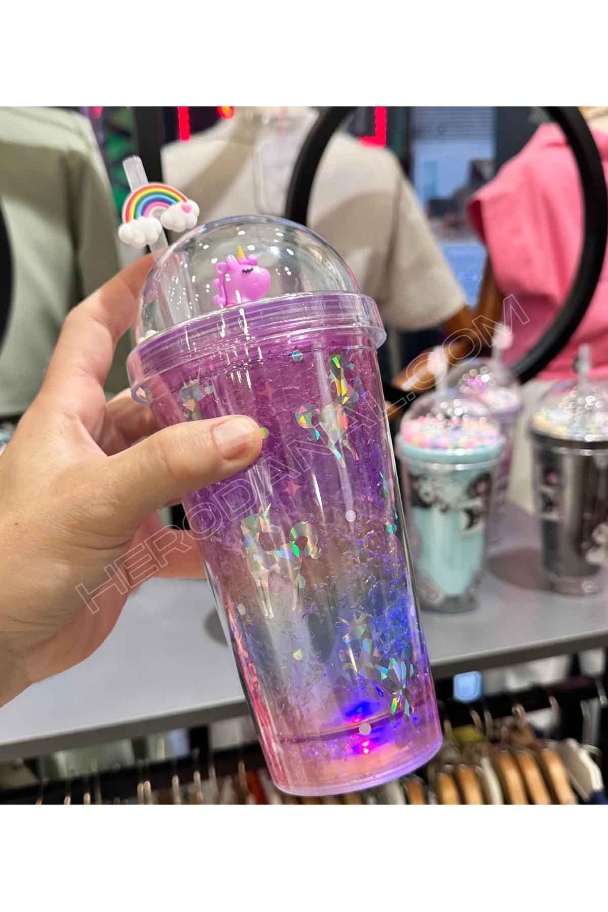 Unicorn Işıklı Pipetli Fenomen Bardak - Mor Kapak