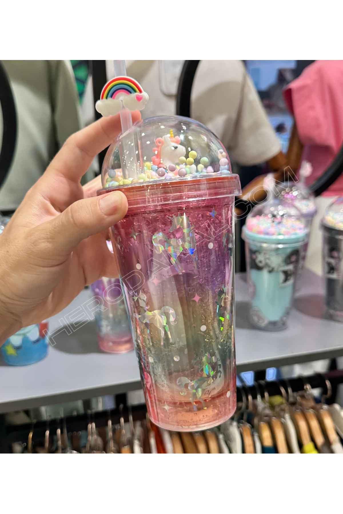 Unicorn Işıklı Pipetli Fenomen Bardak - Turuncu Kapak