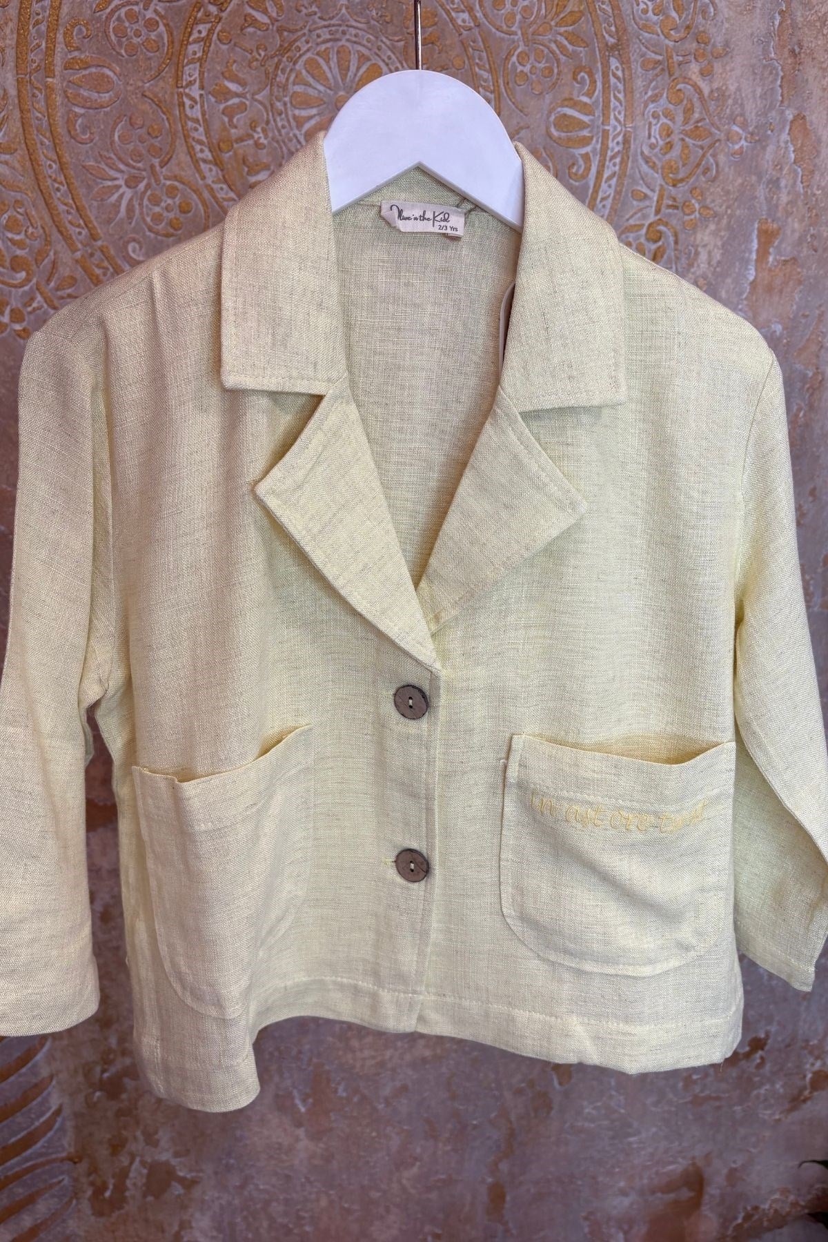 Üniseks Çocuk Naturel Keten Oversize Ceket-Sarı
