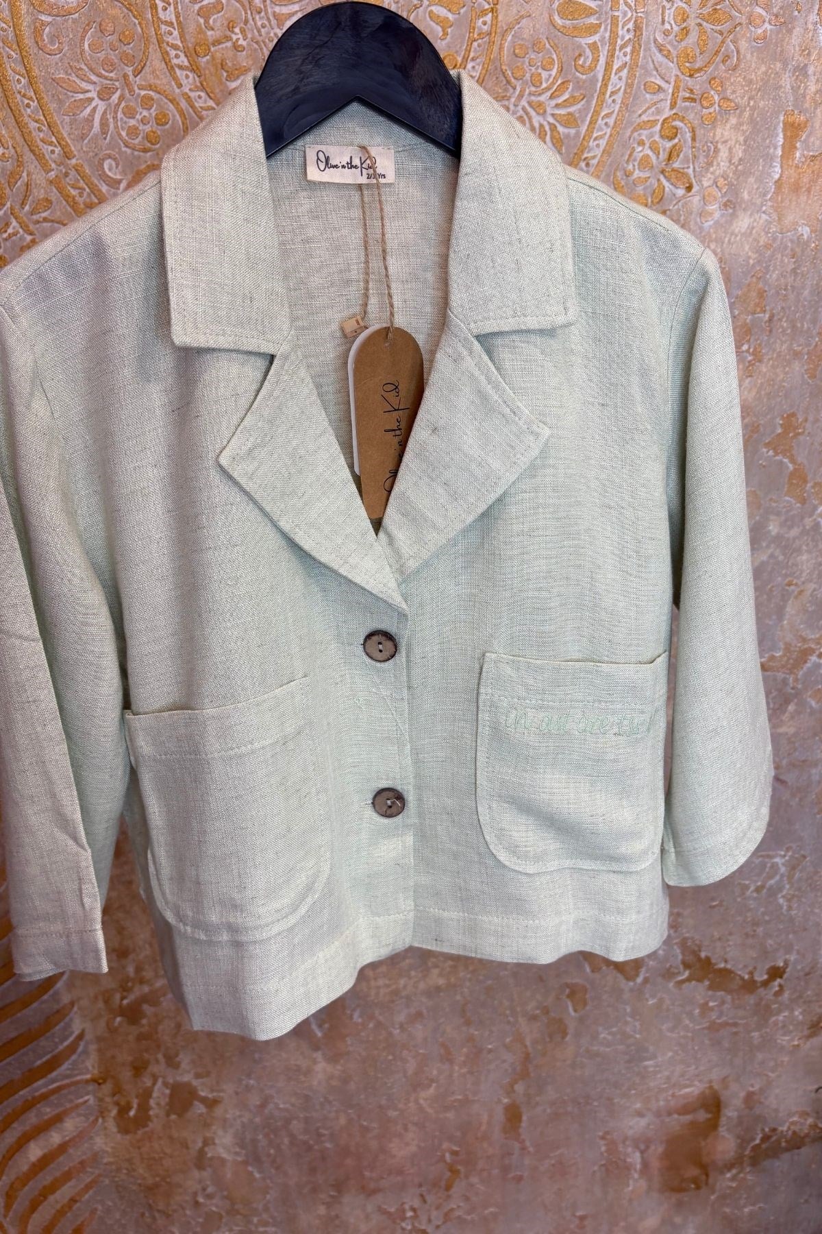 Üniseks Çocuk Naturel Keten Oversize Ceket-Yeşil