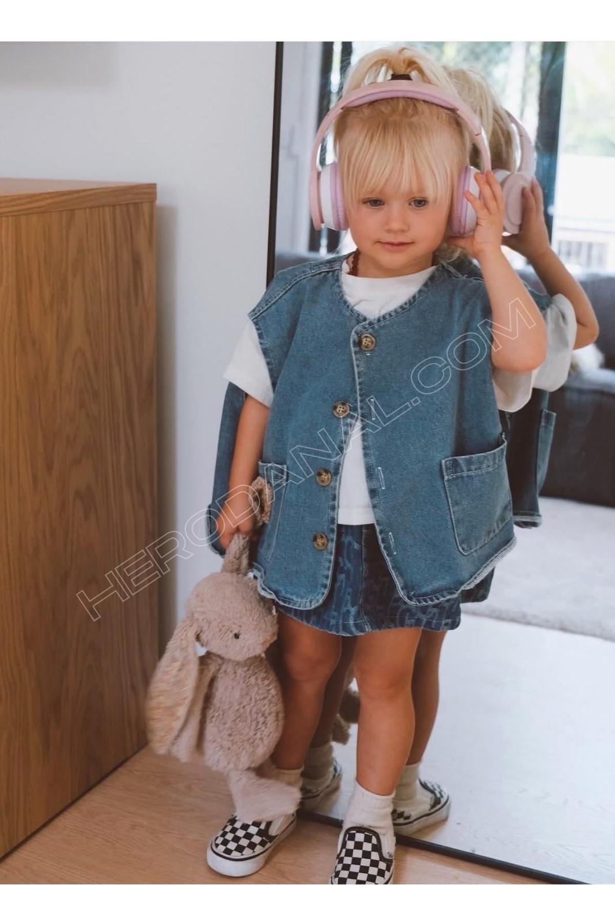 Unisex Çocuk Denim Yelek - Mavi