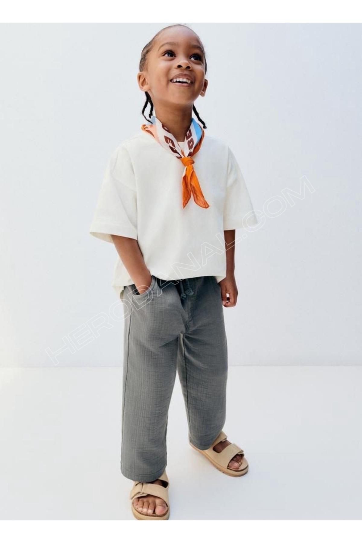 Unisex Çocuk Owersize Basic T-shırt - Ekru