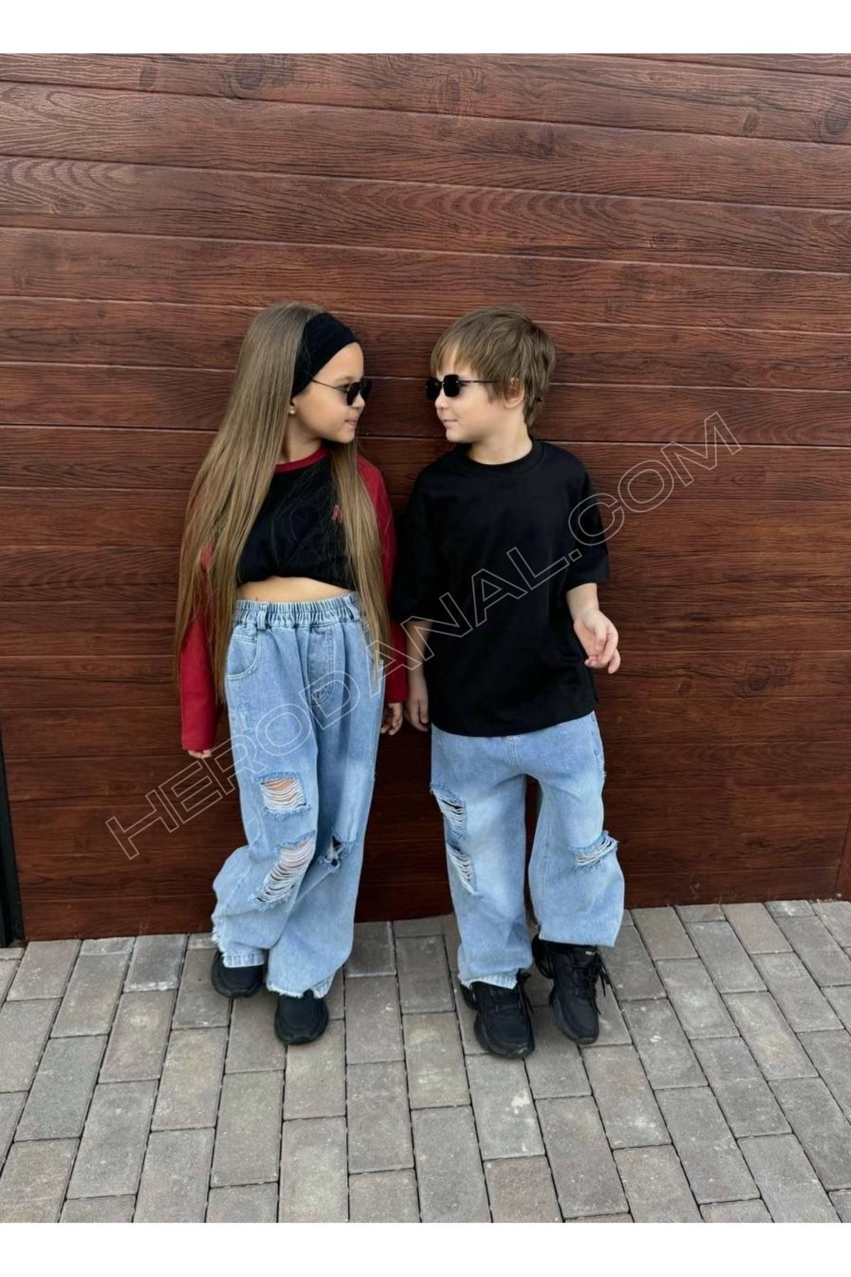 Unisex Çocuk Owersize Basic T-shırt - Siyah