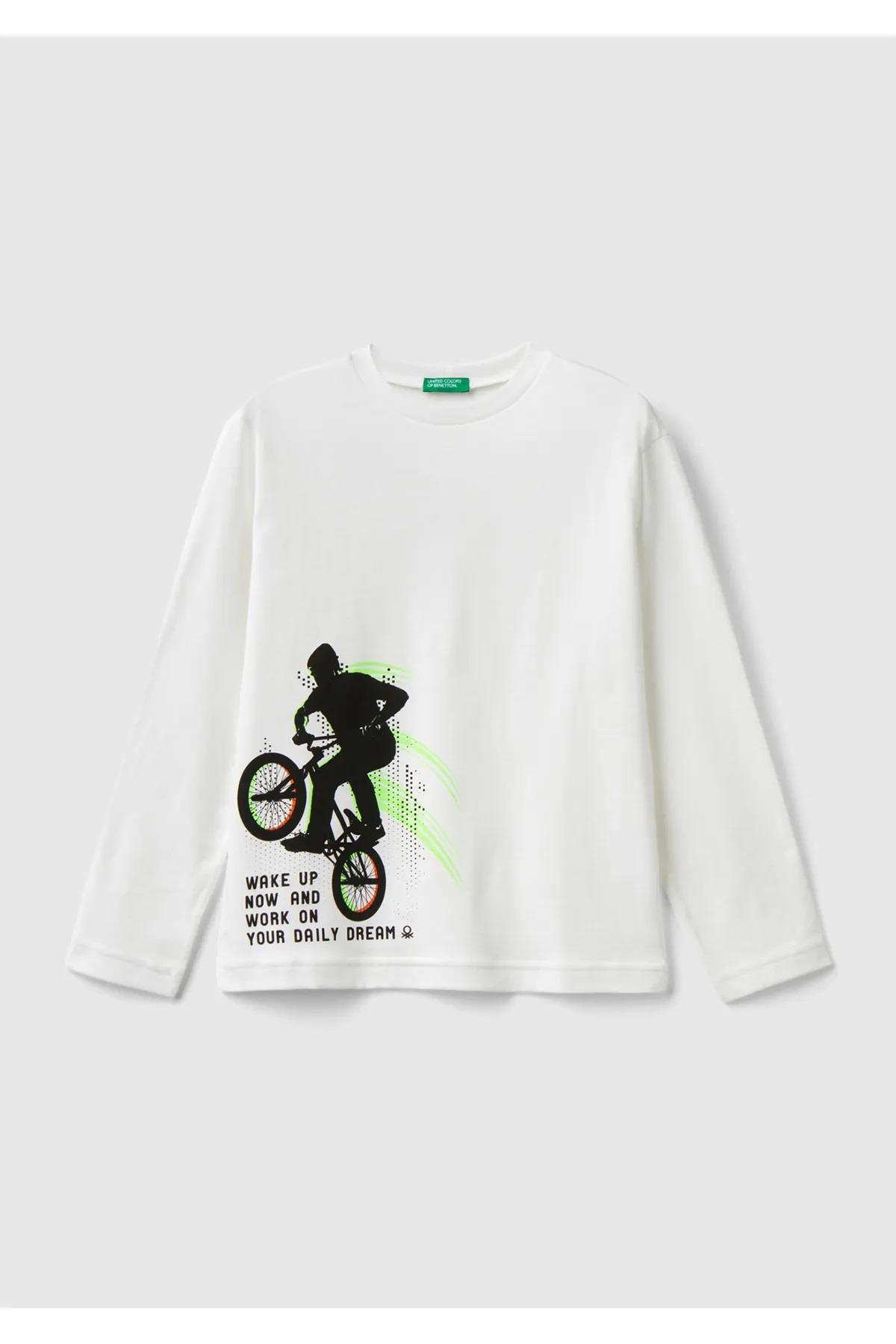 United Colors of Benetton Erkek Çocuk Beyaz Önü Baskılı Ribanalı Bisiklet Yaka Uzun Kollu T-Shirt