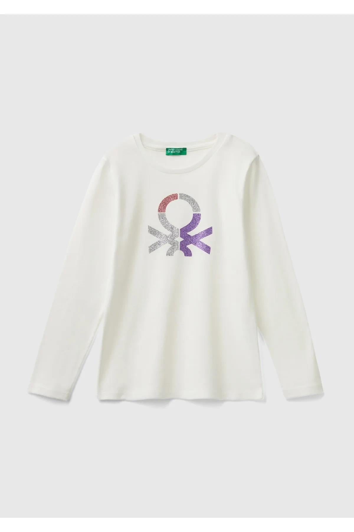 United Colors of Benetton Kız Çocuk Beyaz Önü Parıltılı Logo Baskılı Regular Fit Uzun Kollu T-Shirt