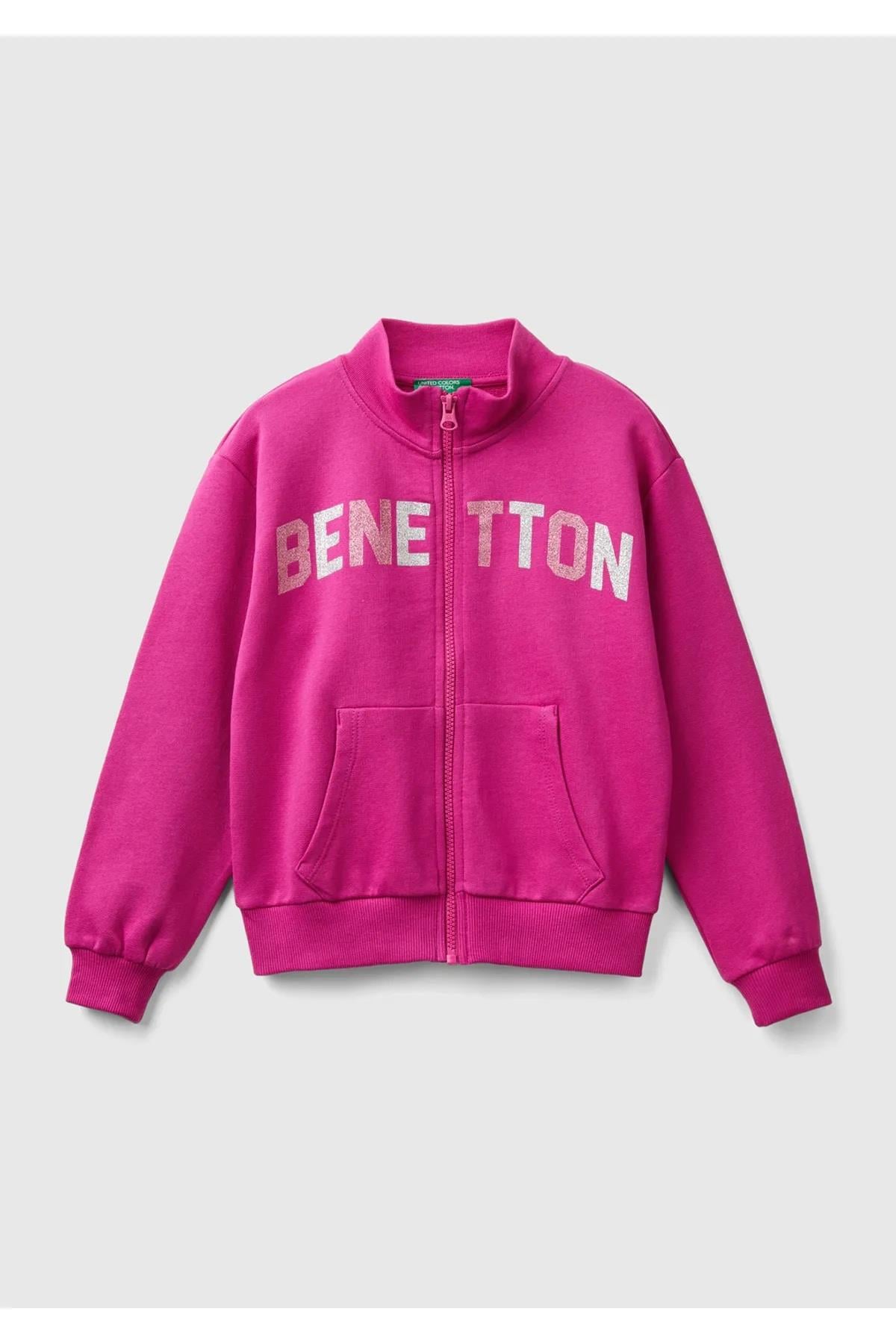 United Colors of Benetton Kız Çocuk Fuşya Parıltılı Logo Baskılı Fermuarlı Cepli Yüksek Yaka Sweatshirt