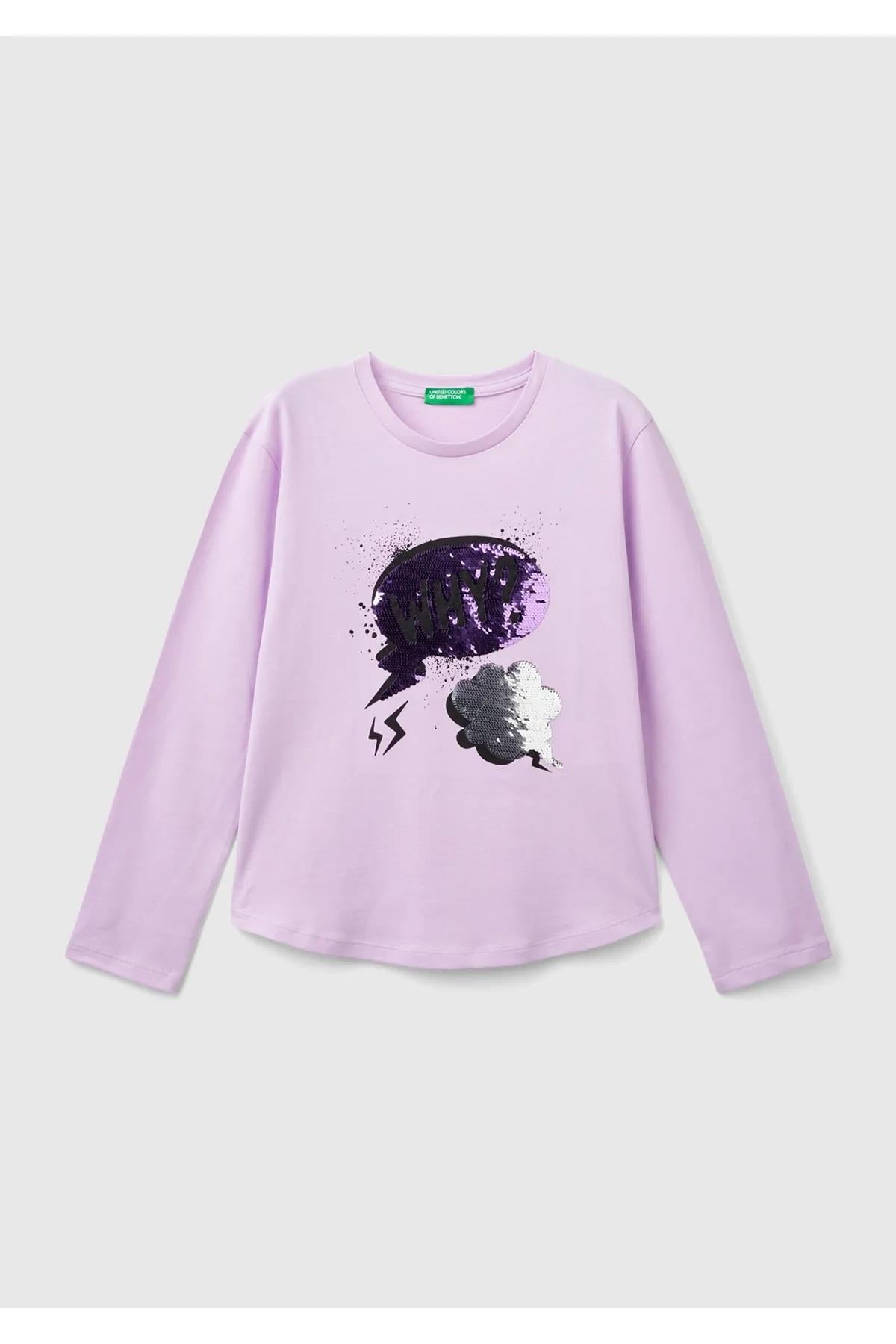 United Colors of Benetton Kız Çocuk Lila Önü Pullu Baskı Detaylı Etek Ucu Yuvarlak Uzun Kollu T-Shirt