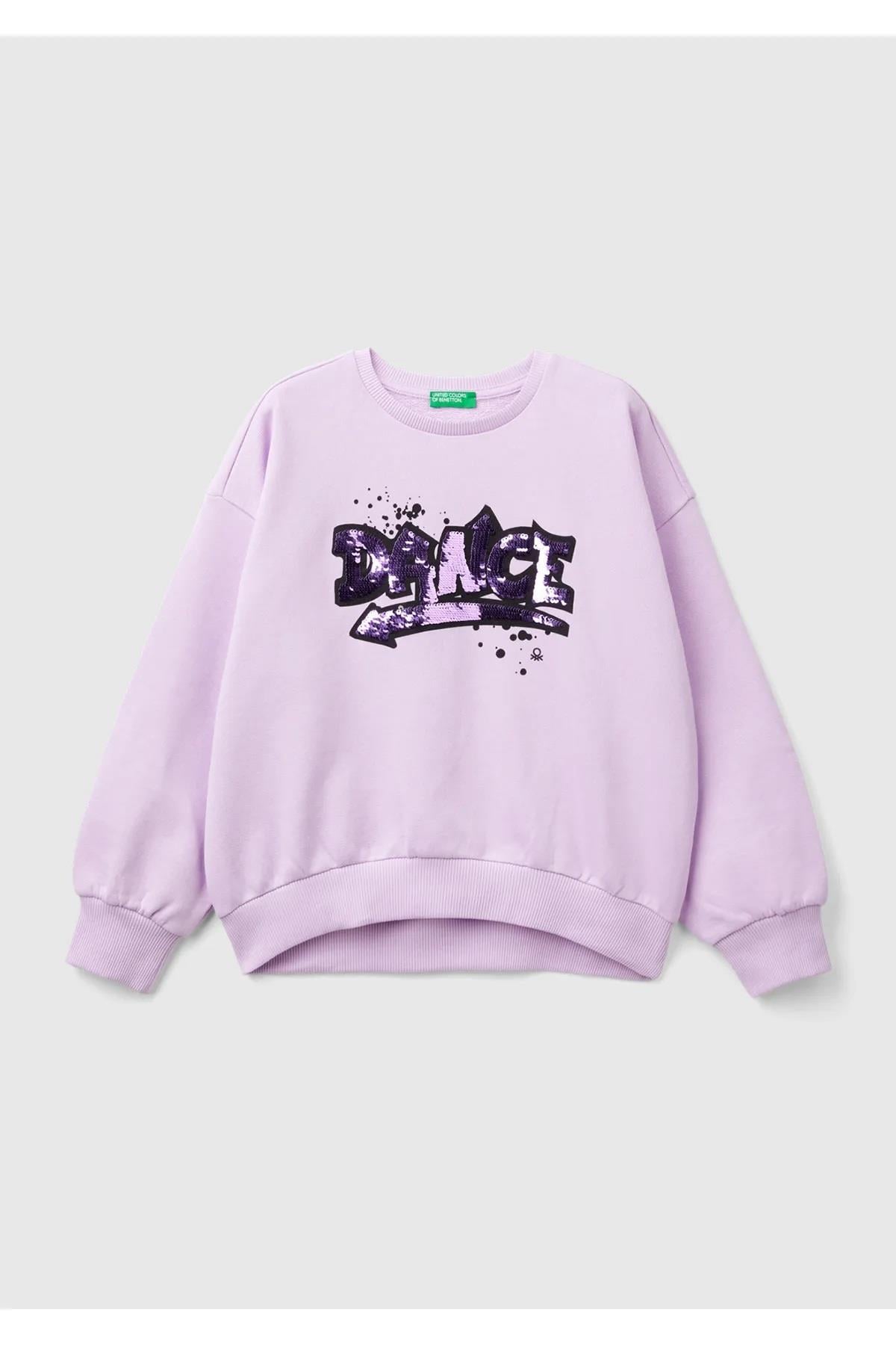 United Colors of Benetton Kız Çocuk Lila Önü Pullu Baskı Detaylı Bisiklet Yaka Sweatshirt