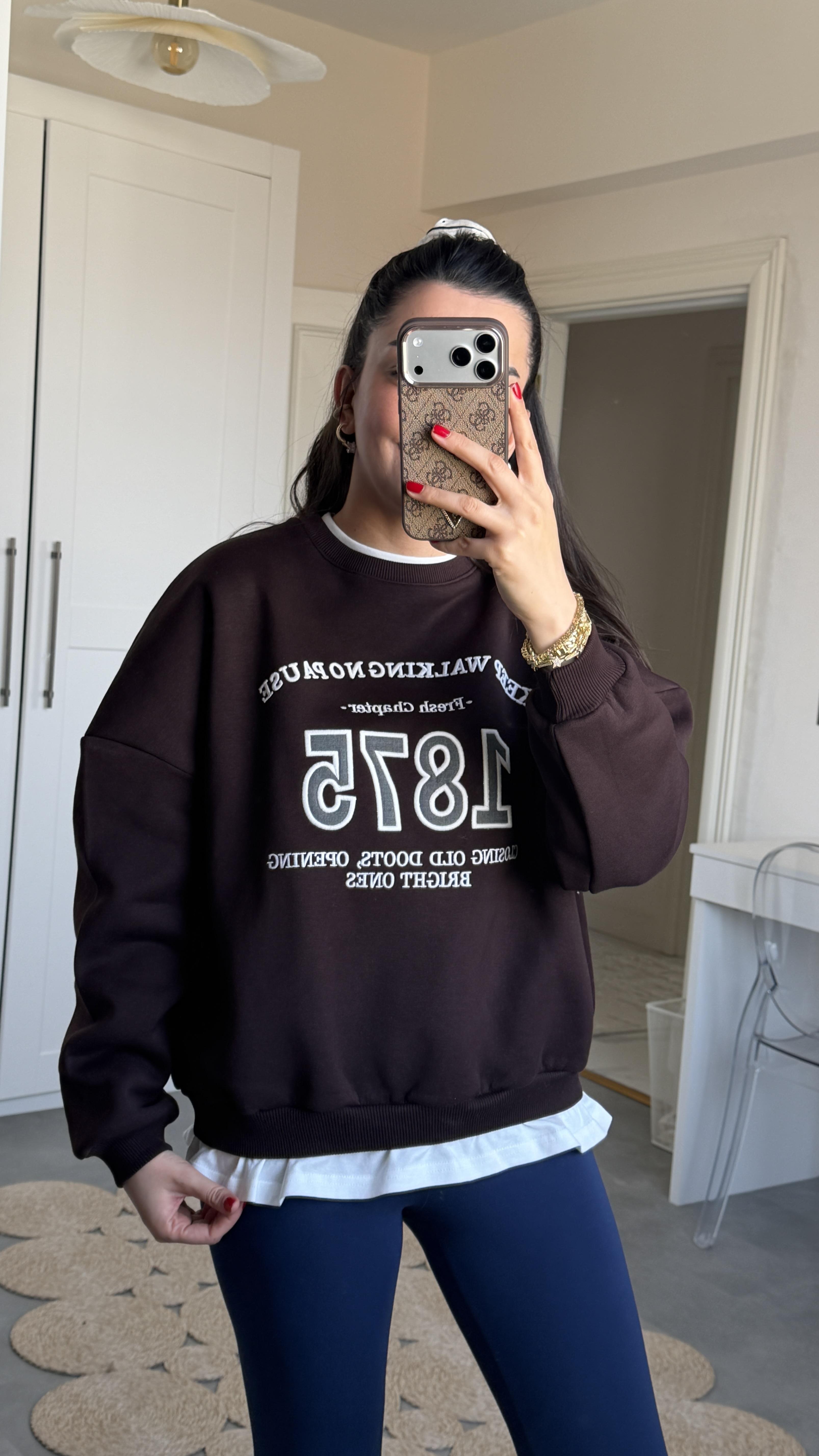 1875 Yazılı Sweat Kahve