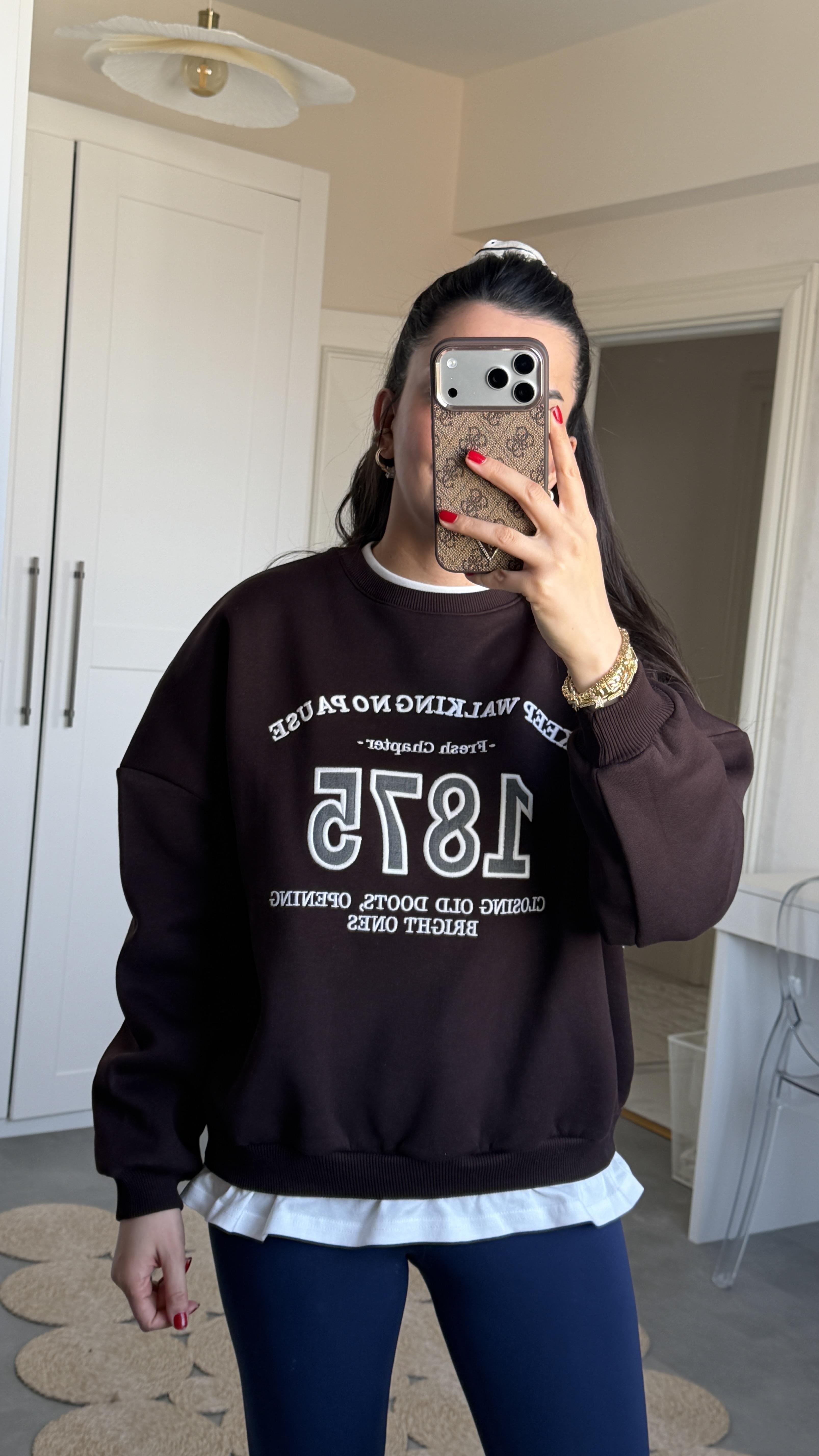 1875 Yazılı Sweat Kahve