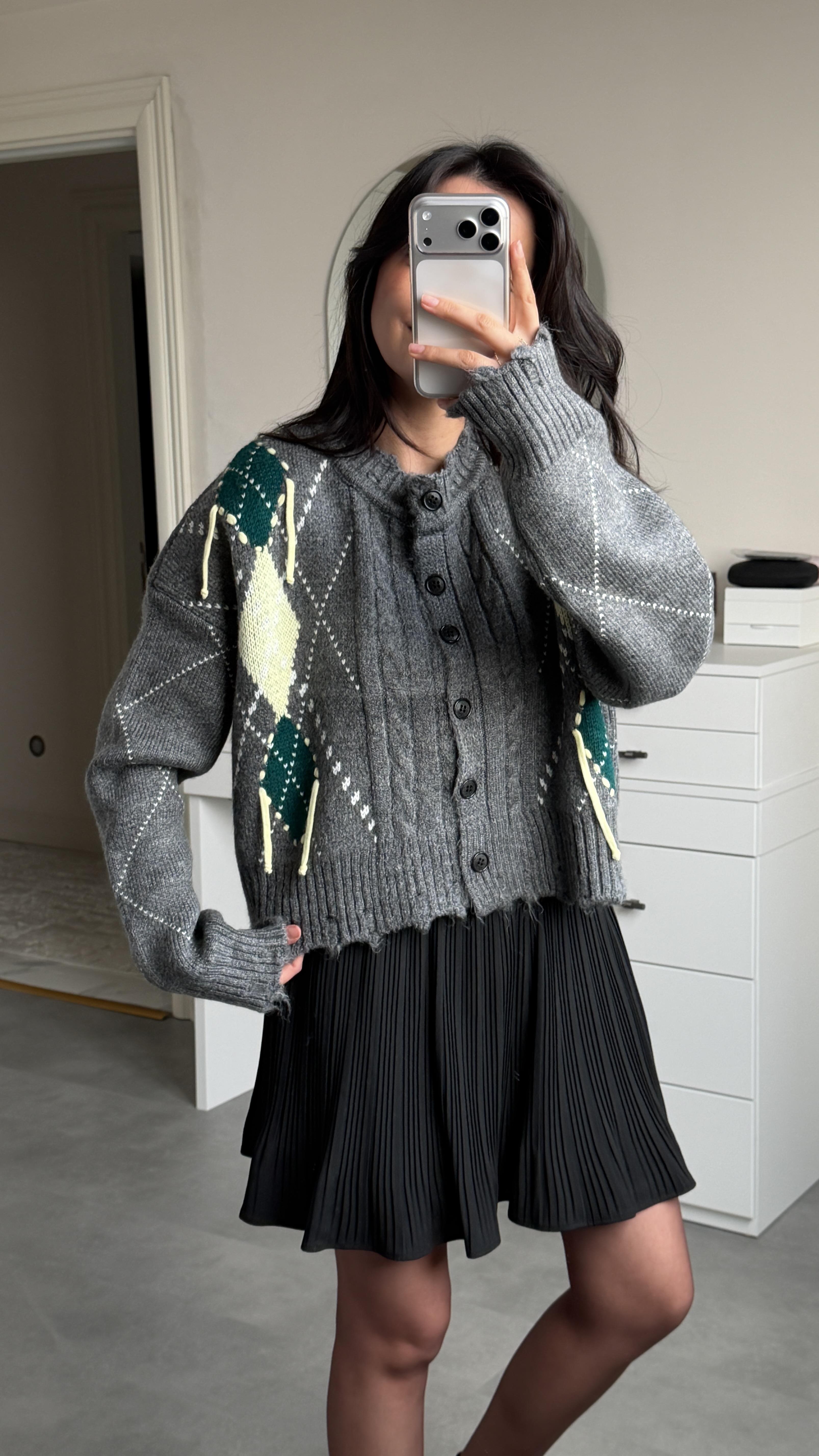 Baklava Desenli Hırka - Antrasit 