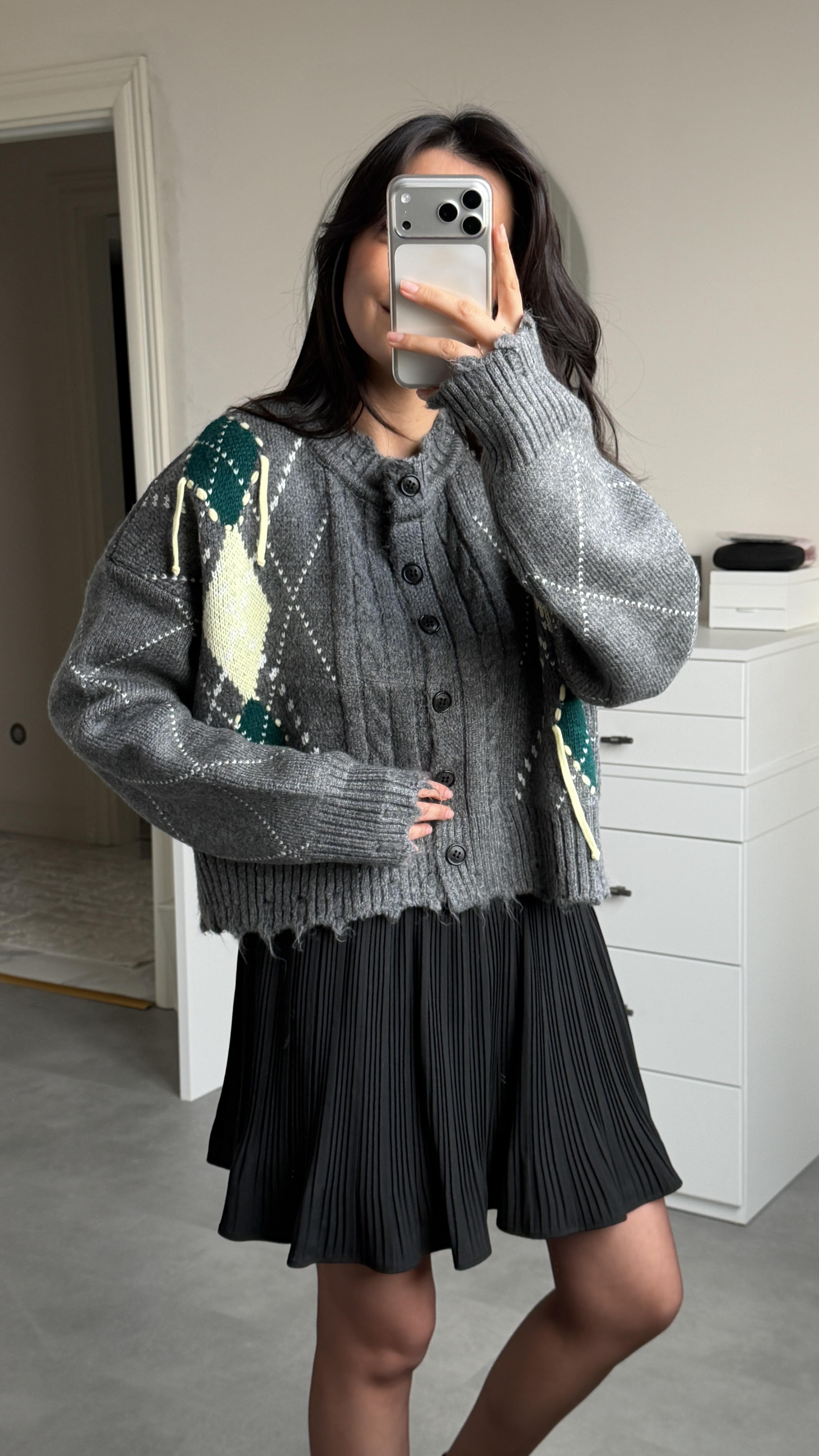 Baklava Desenli Hırka - Antrasit 