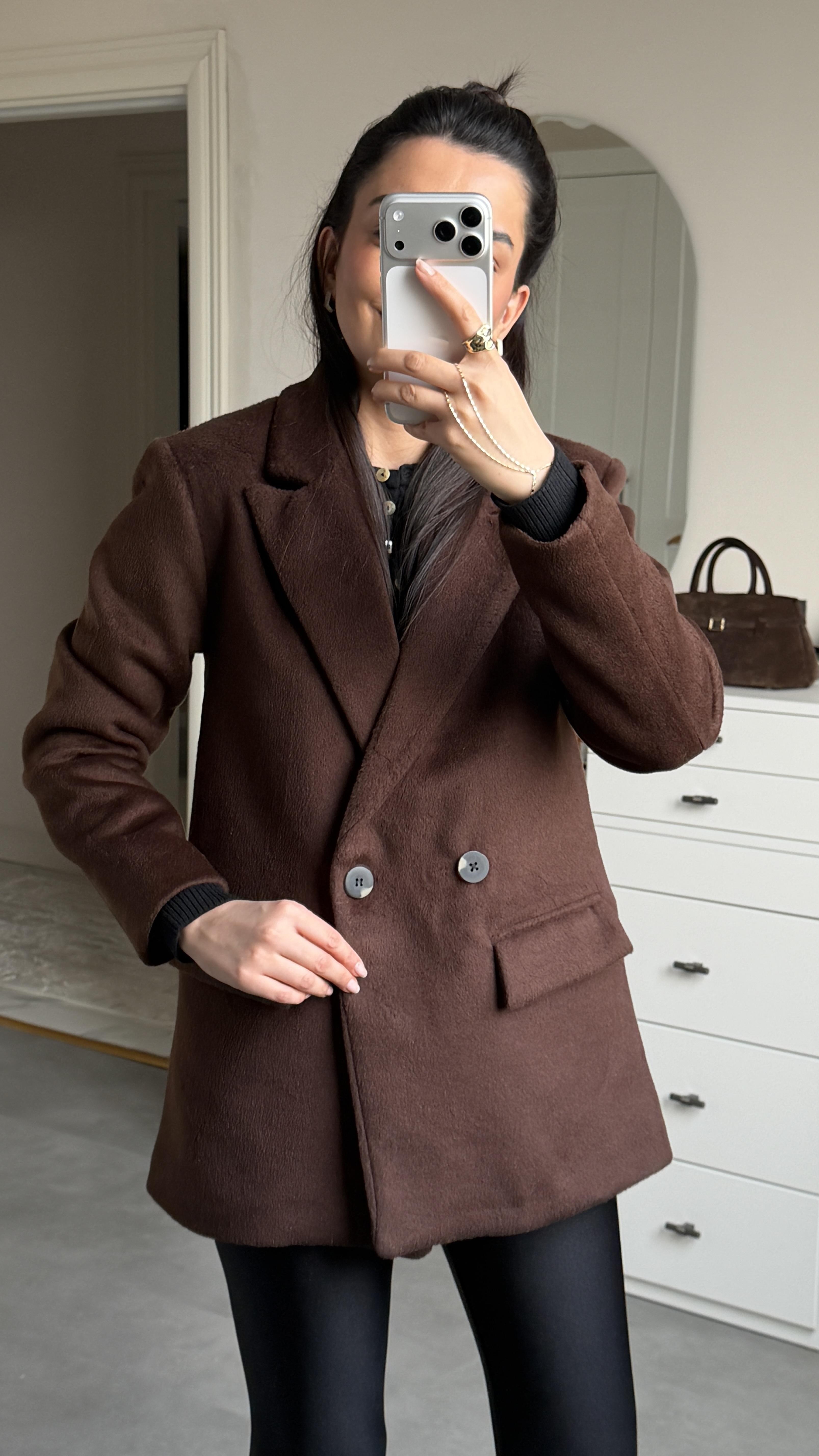 Çift Düğmeli Kaşe Blazer - Kahve 