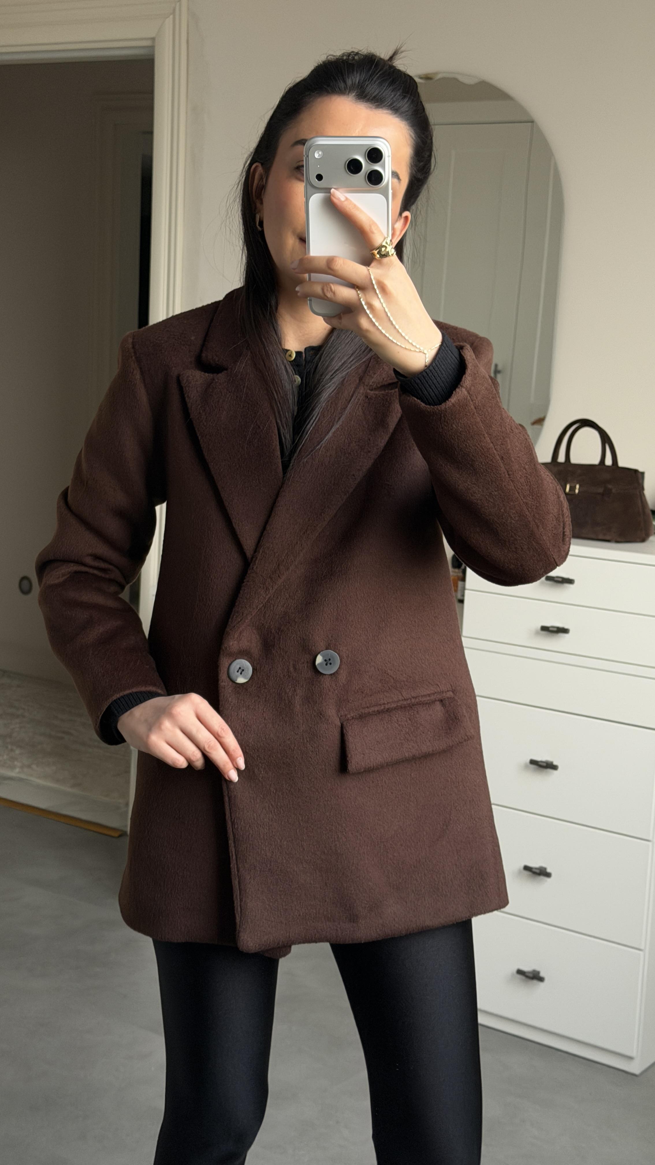 Çift Düğmeli Kaşe Blazer - Kahve 