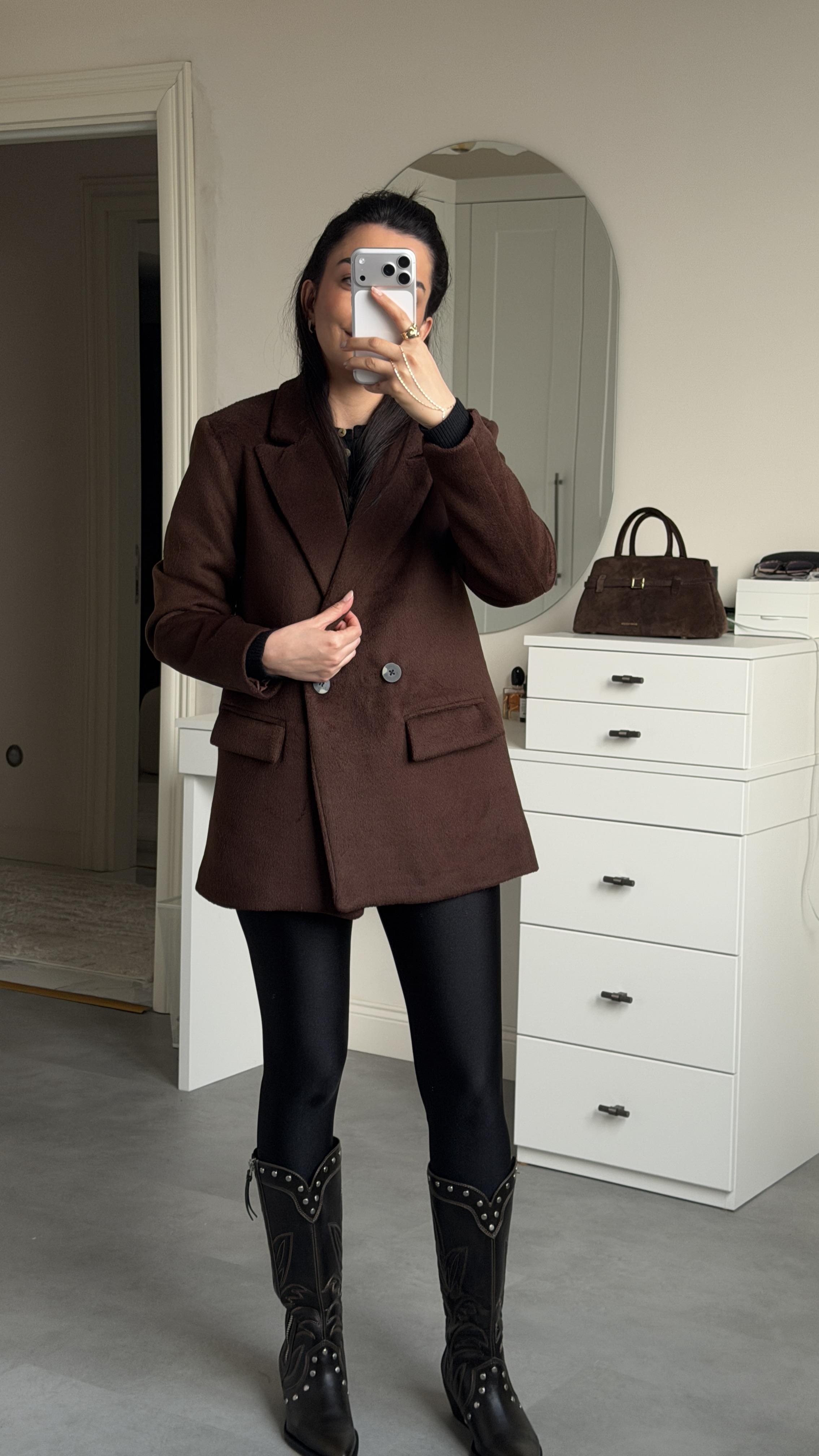 Çift Düğmeli Kaşe Blazer - Kahve 