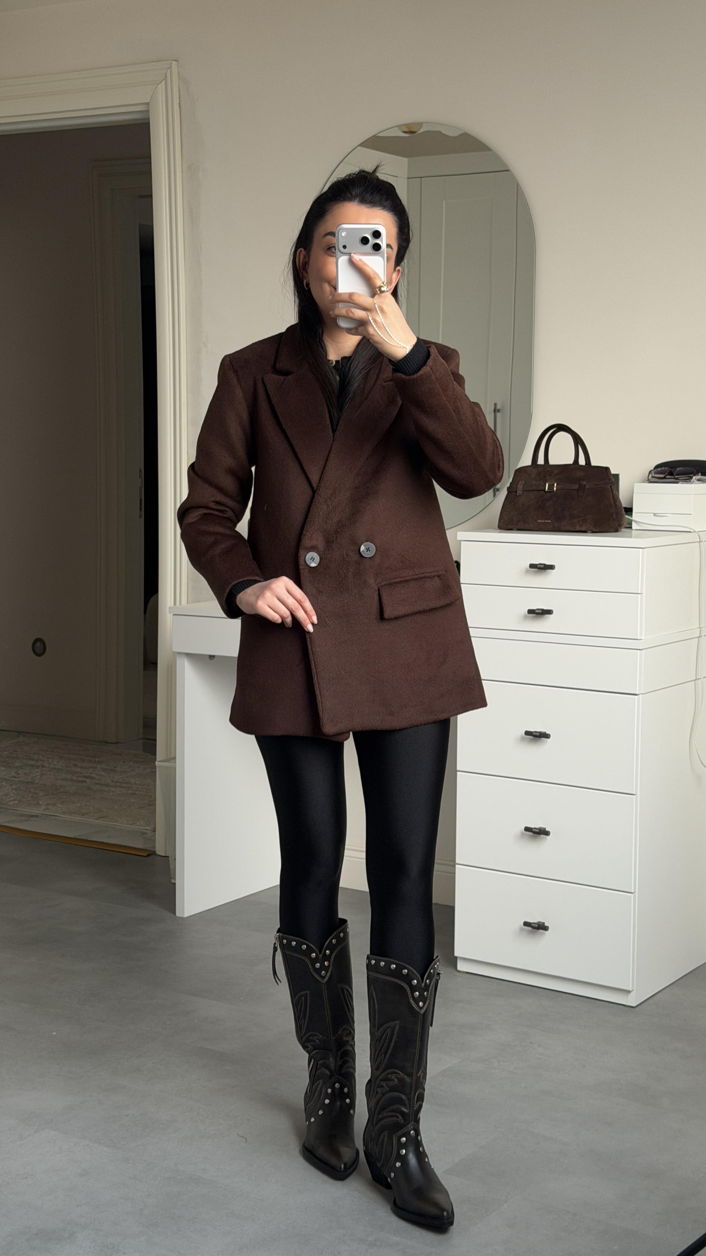 Çift Düğmeli Kaşe Blazer - Kahve 