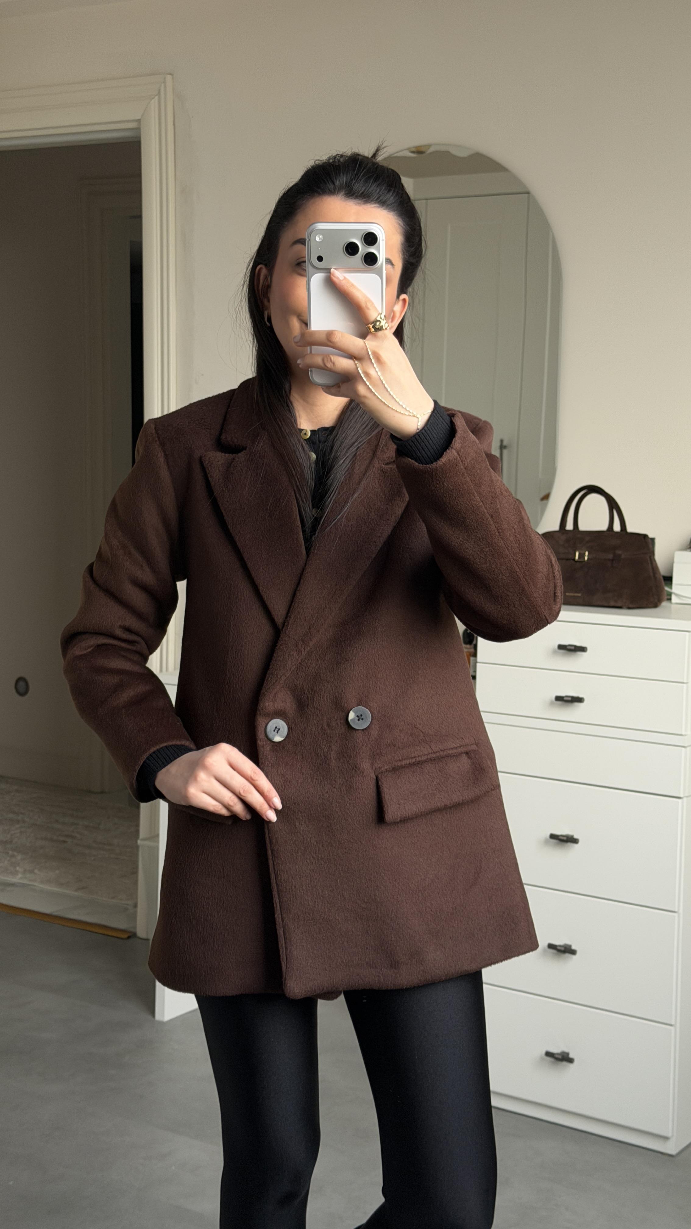 Çift Düğmeli Kaşe Blazer - Kahve 