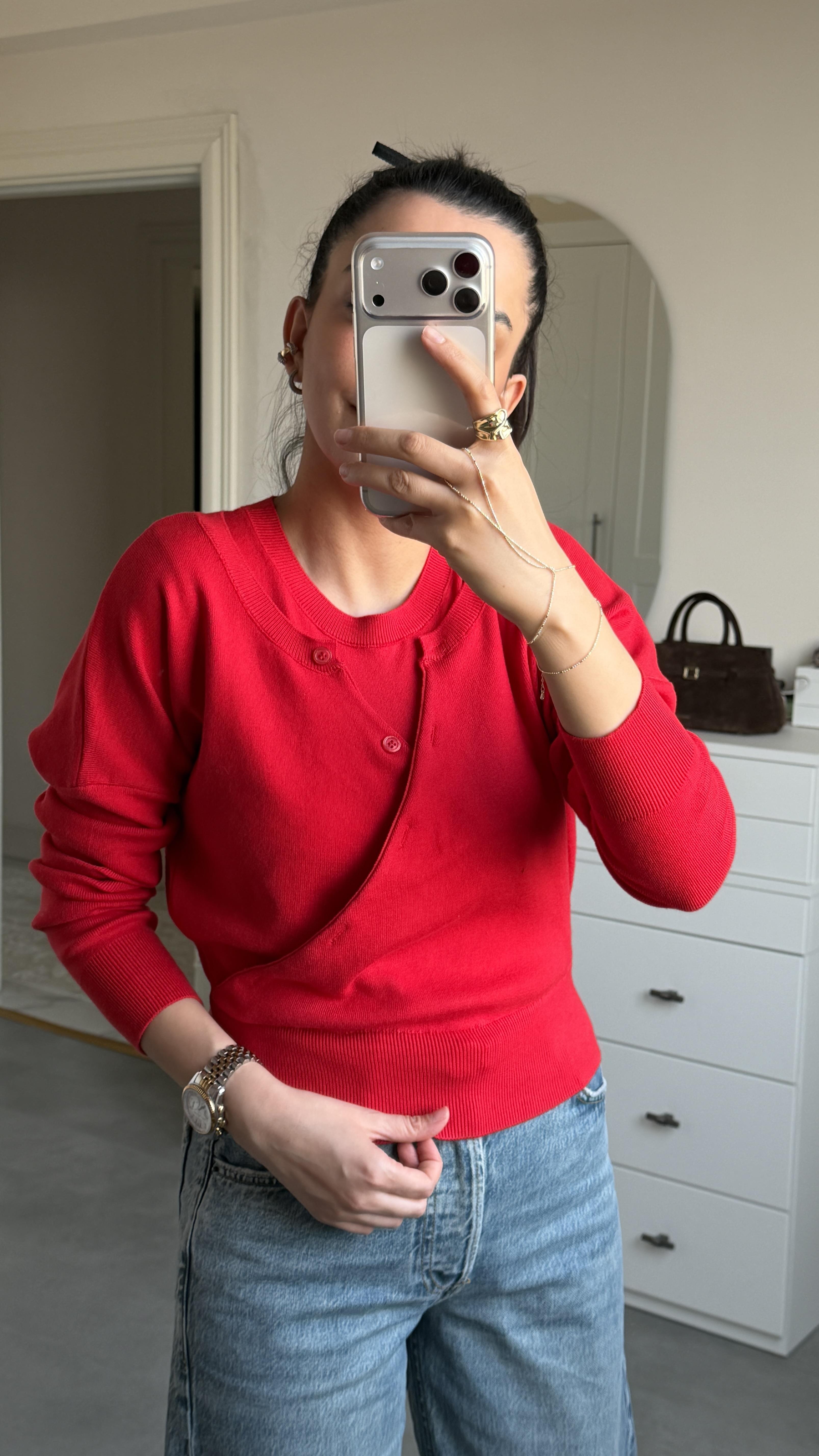 Çift Katlı Triko Kazak - Kırmızı