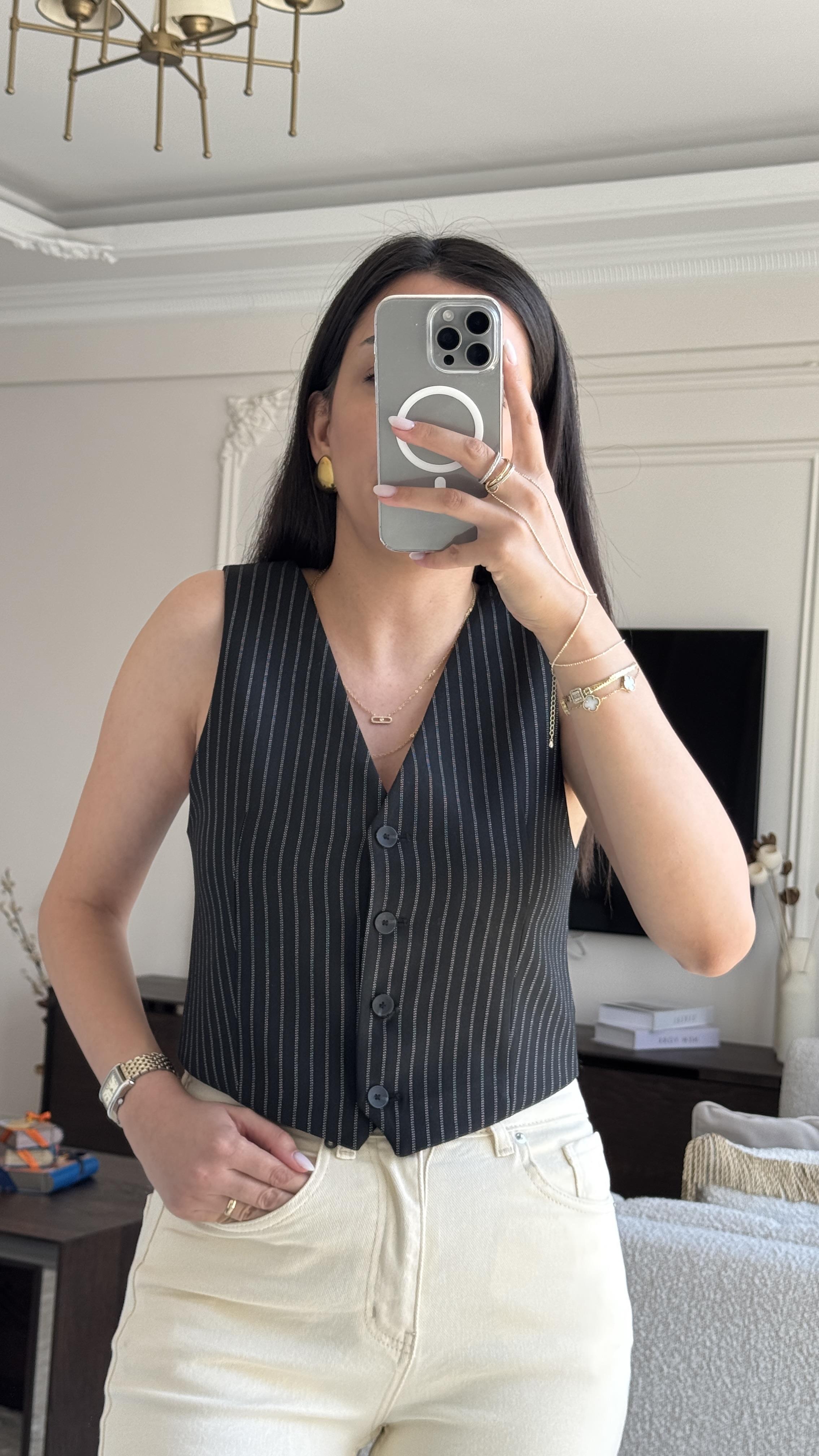 Çizgili Yelek - Siyah