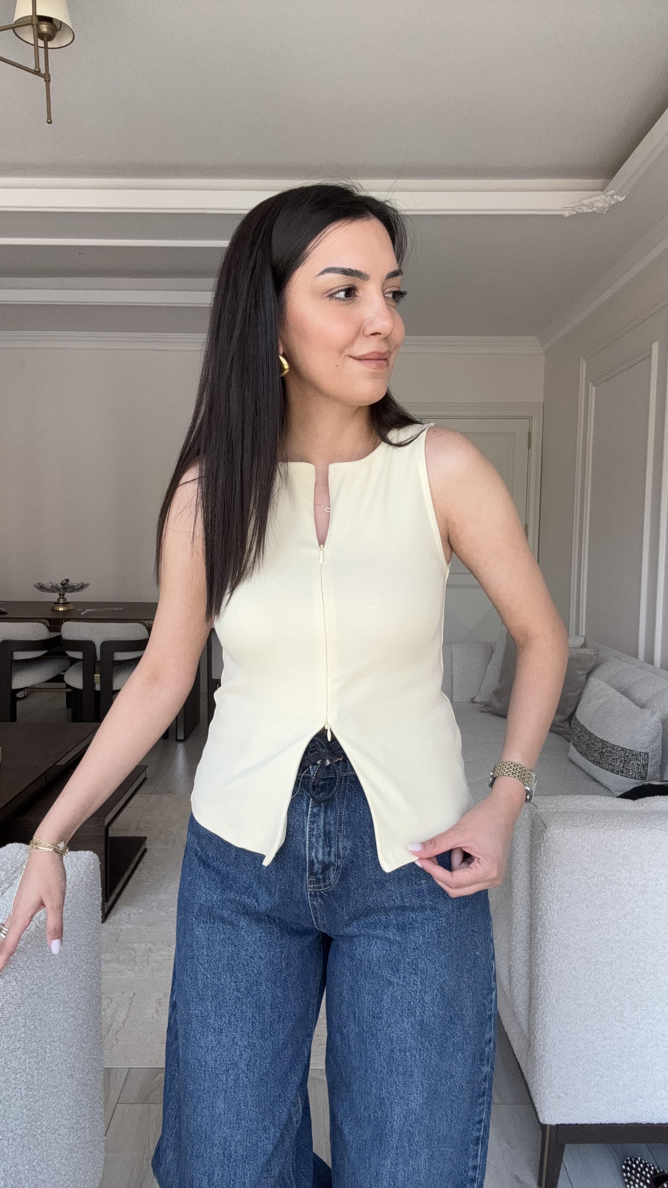 Dilvin Fermuarlı Bluz - Açık Sarı